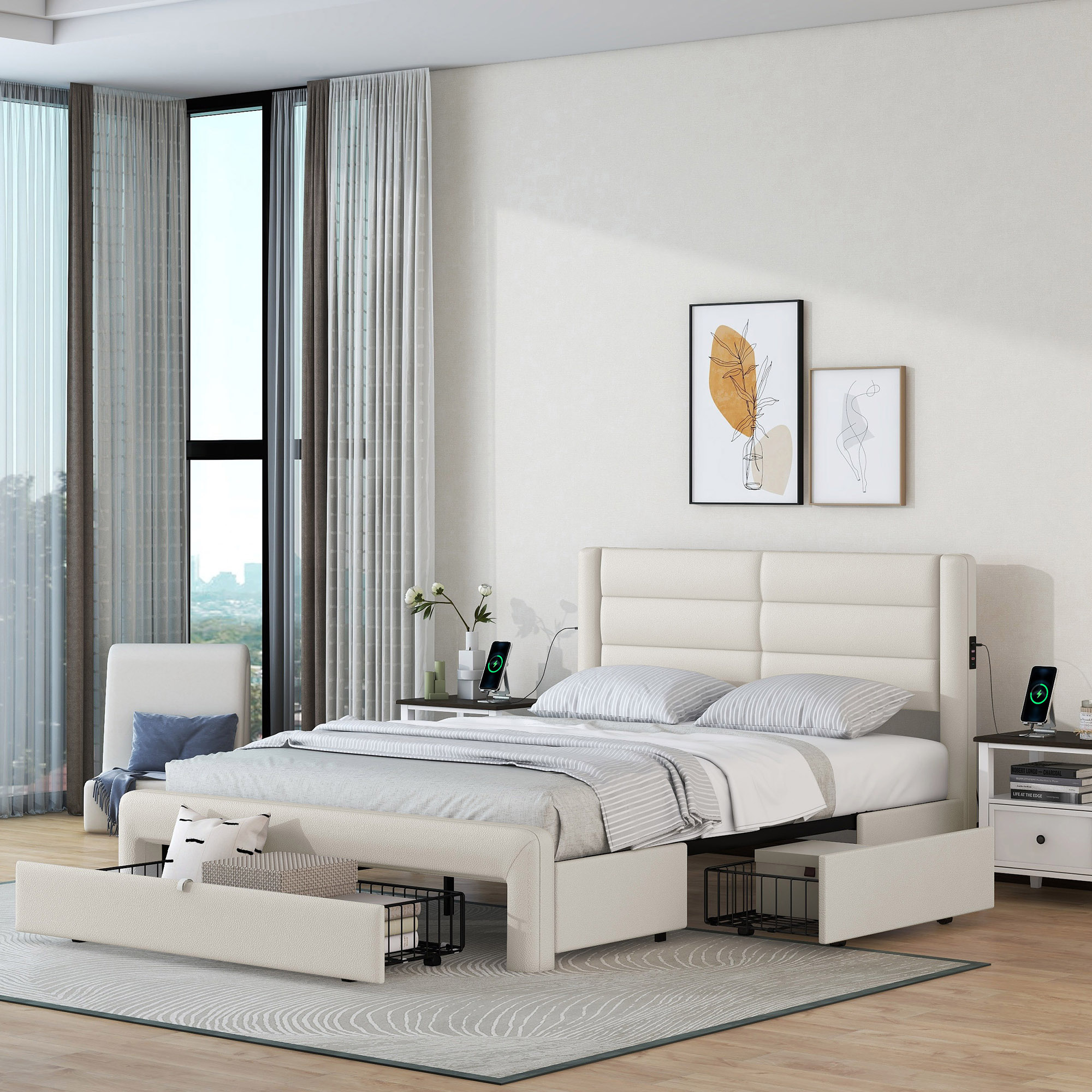 Queen Size Bed Frame with Drawers Storage, Leather Upholstered Platform Bed with Charging Station