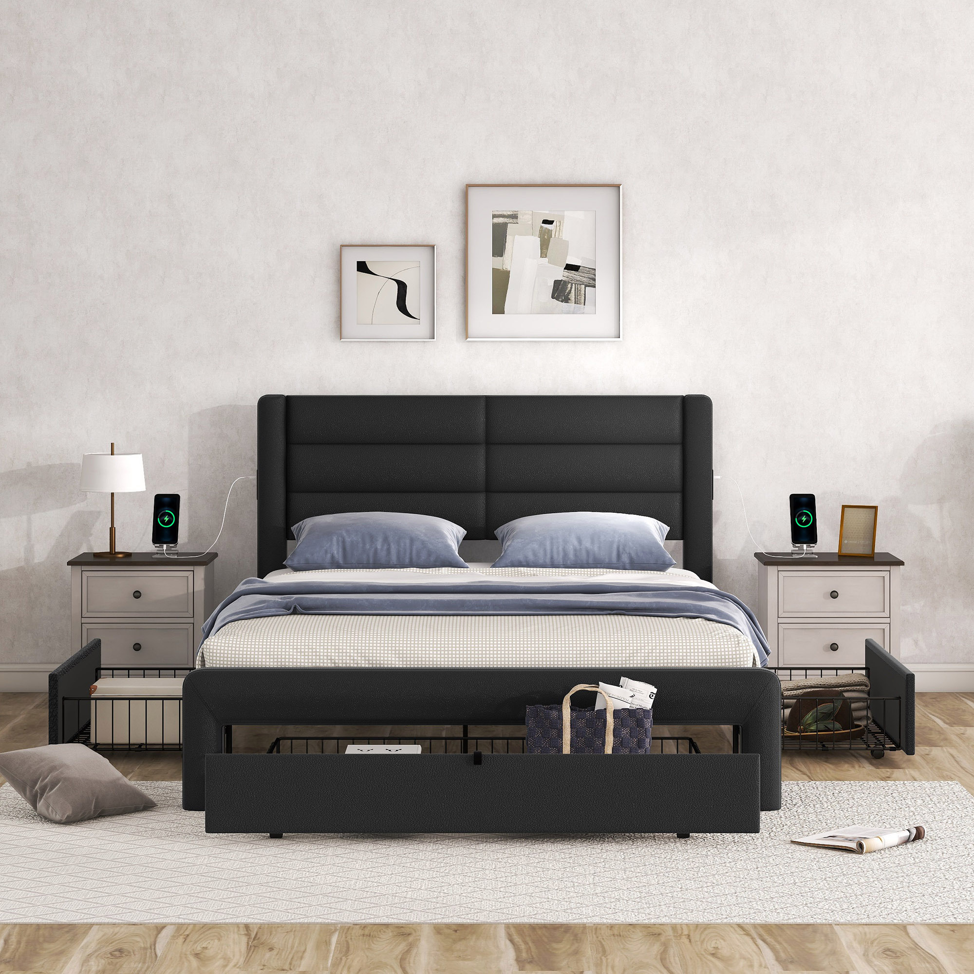 Queen Size Bed Frame with Drawers Storage, Leather Upholstered Platform Bed with Charging Station