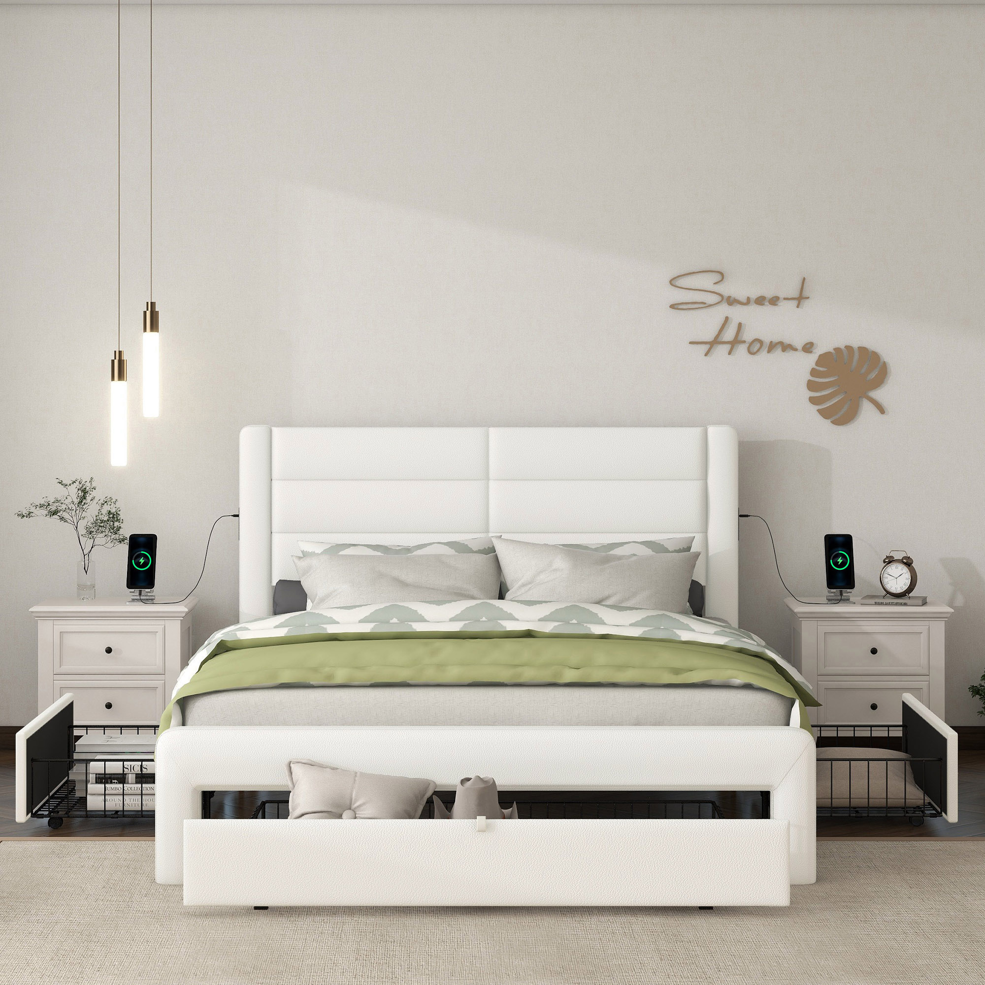 Queen Size Bed Frame with Drawers Storage, Leather Upholstered Platform Bed with Charging Station