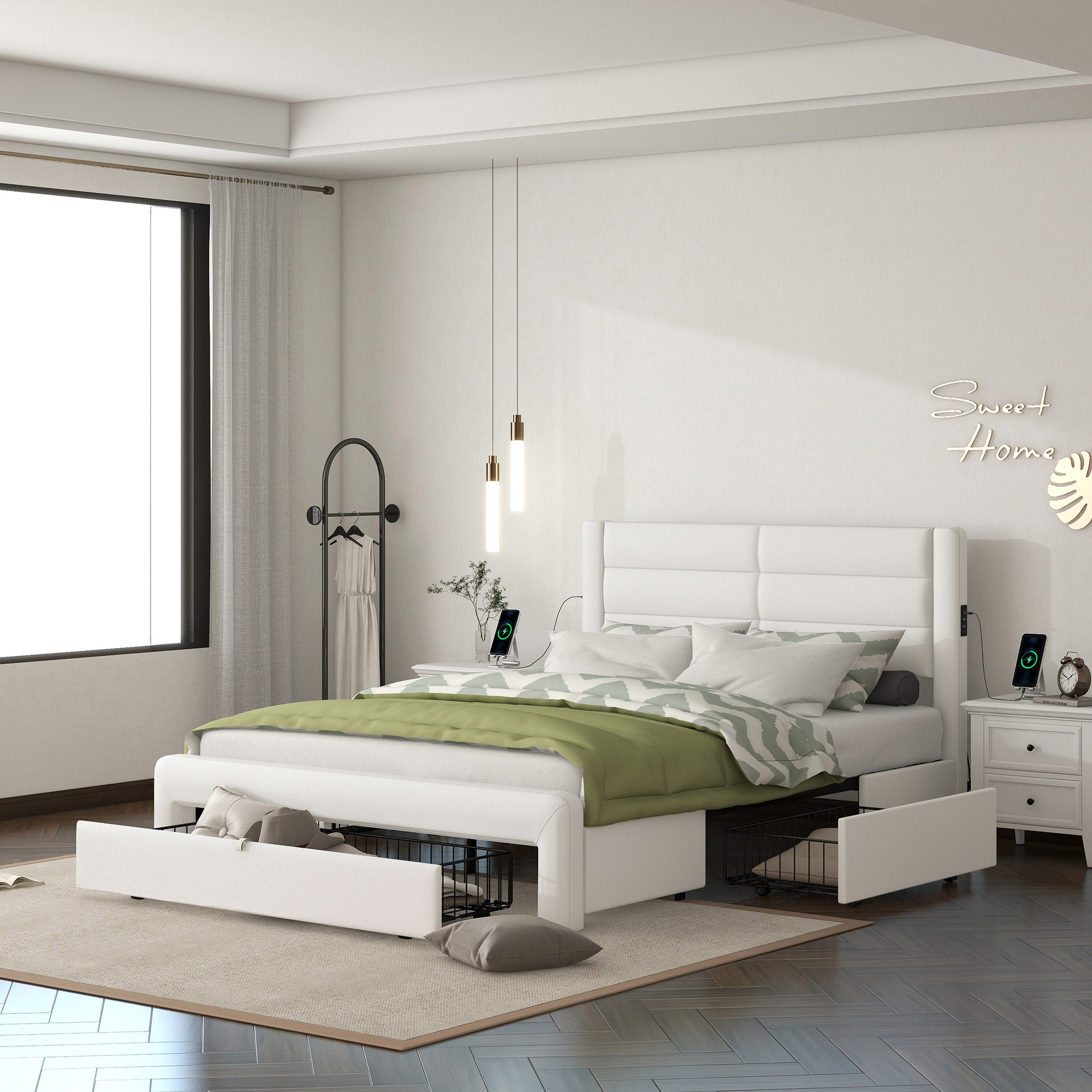 Queen Size Bed Frame with Drawers Storage, Leather Upholstered Platform Bed with Charging Station