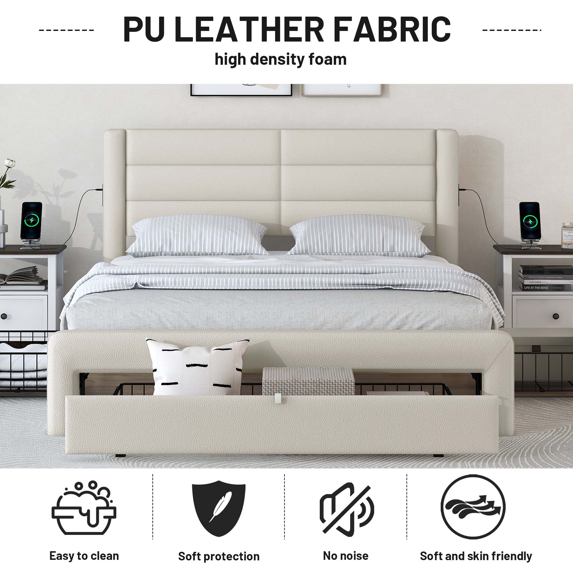 Queen Size Bed Frame with Drawers Storage, Leather Upholstered Platform Bed with Charging Station