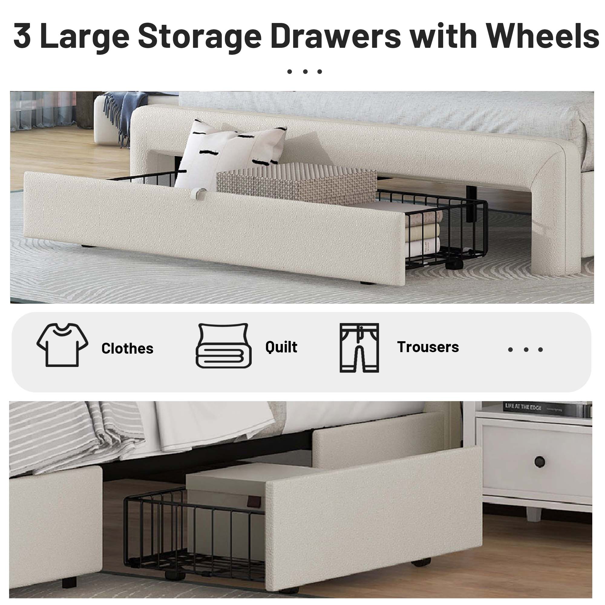 Queen Size Bed Frame with Drawers Storage, Leather Upholstered Platform Bed with Charging Station