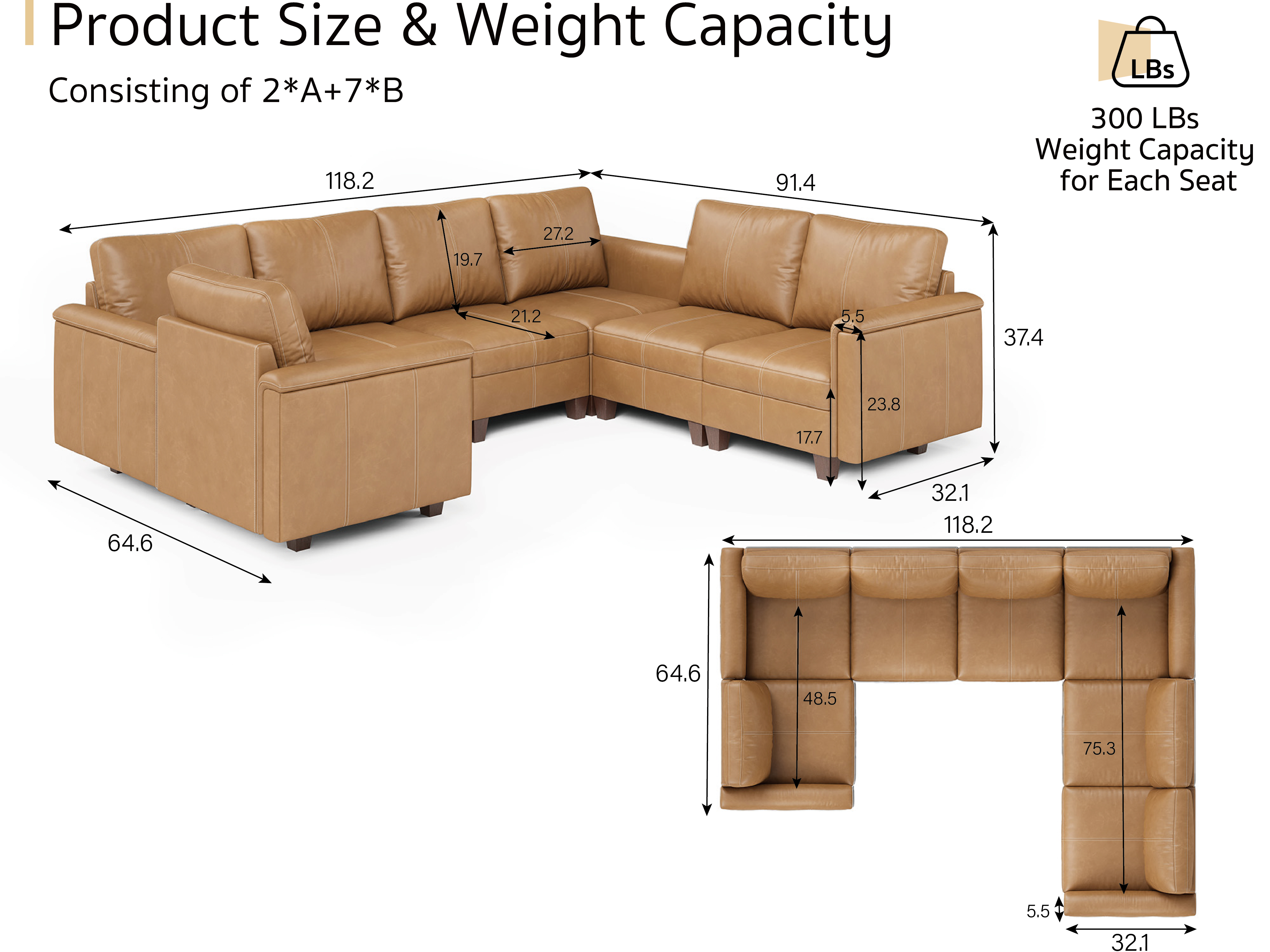 Nexus 7-Seat Leather Sectional Couch | Sleeper Sofa | SITJOY
