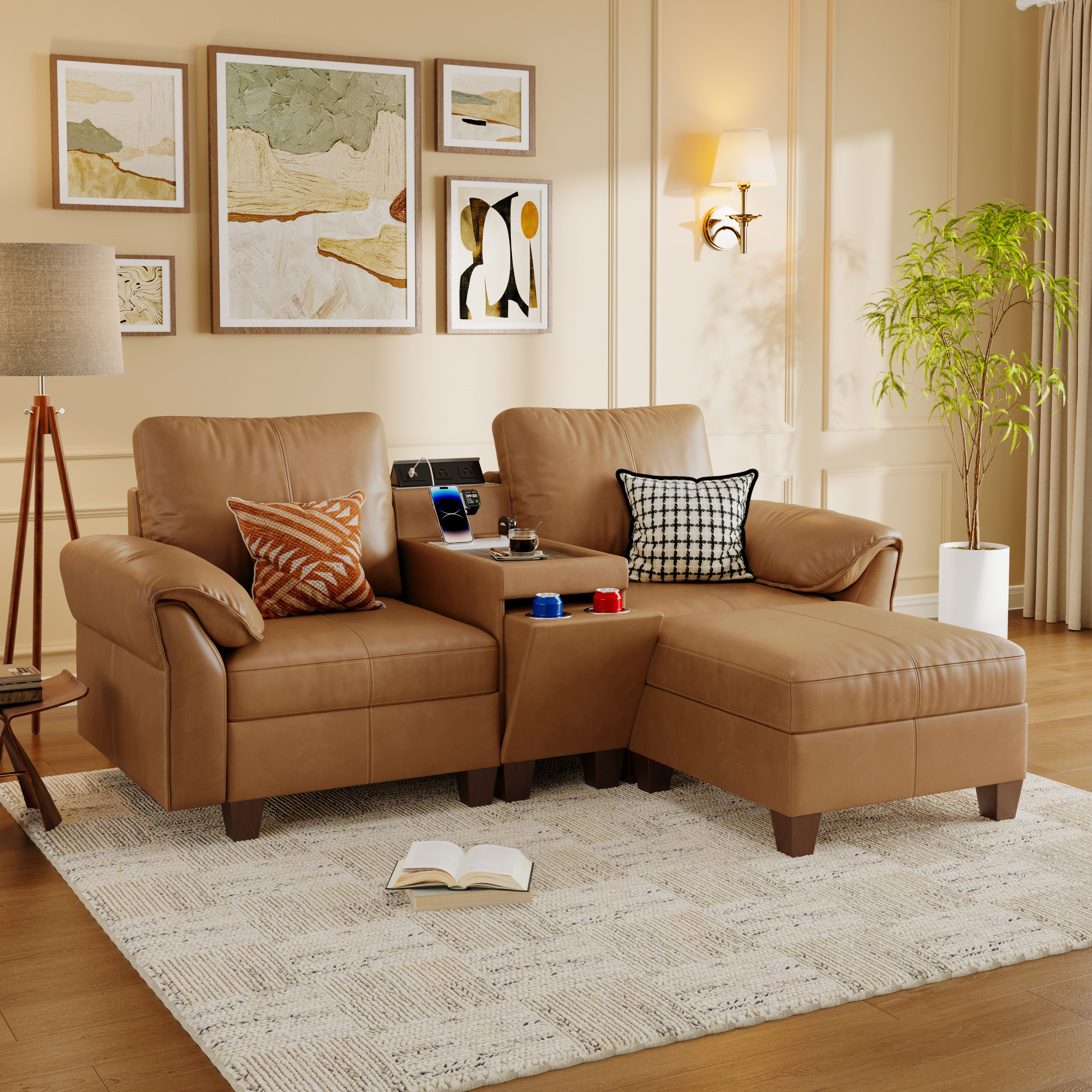 Nest Modular L-Shaped Sofa | WITHMovable Ottoman | SITJOY  with Storage Console Cup Holders Movable Ottoman Upholstered Couch for Living Room SITJOY