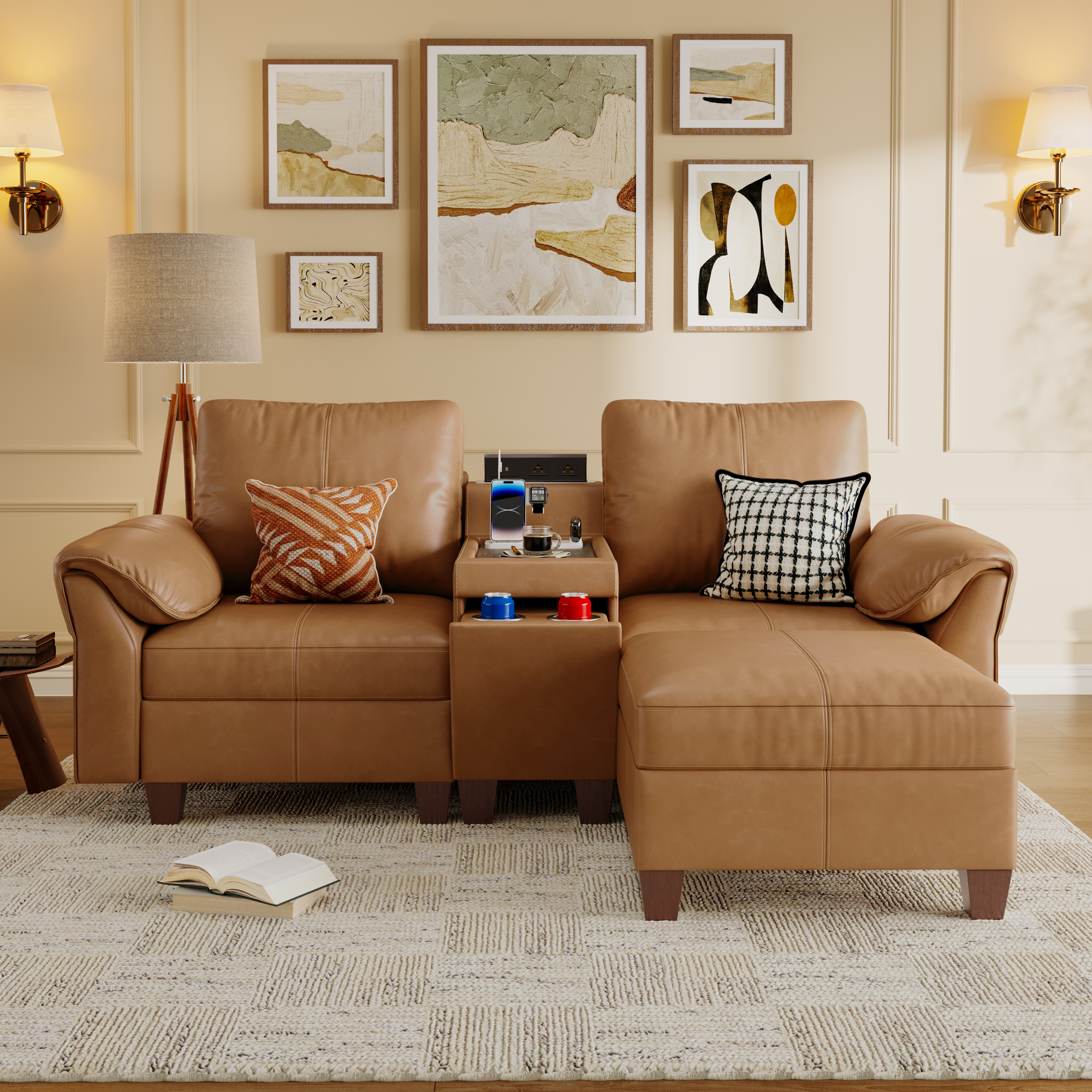 Nest Modular L-Shaped Sofa | WITHMovable Ottoman | SITJOY  with Storage Console Cup Holders Movable Ottoman Upholstered Couch for Living Room SITJOY