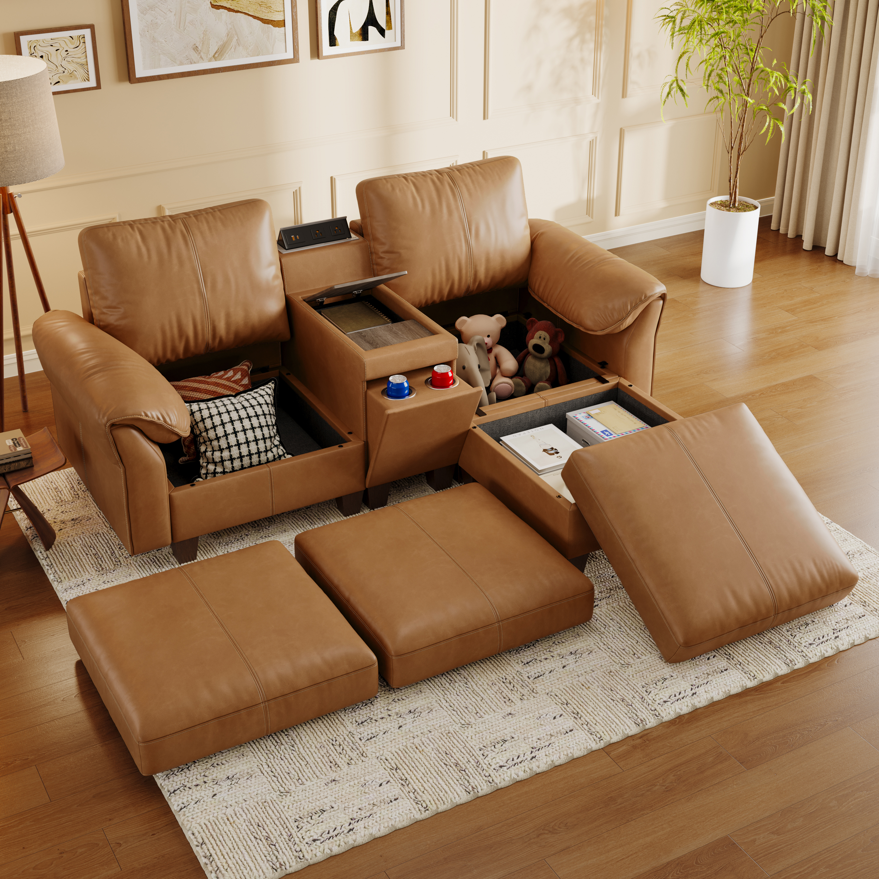 Nest Modular L-Shaped Sofa | WITHMovable Ottoman | SITJOY  with Storage Console Cup Holders Movable Ottoman Upholstered Couch for Living Room SITJOY