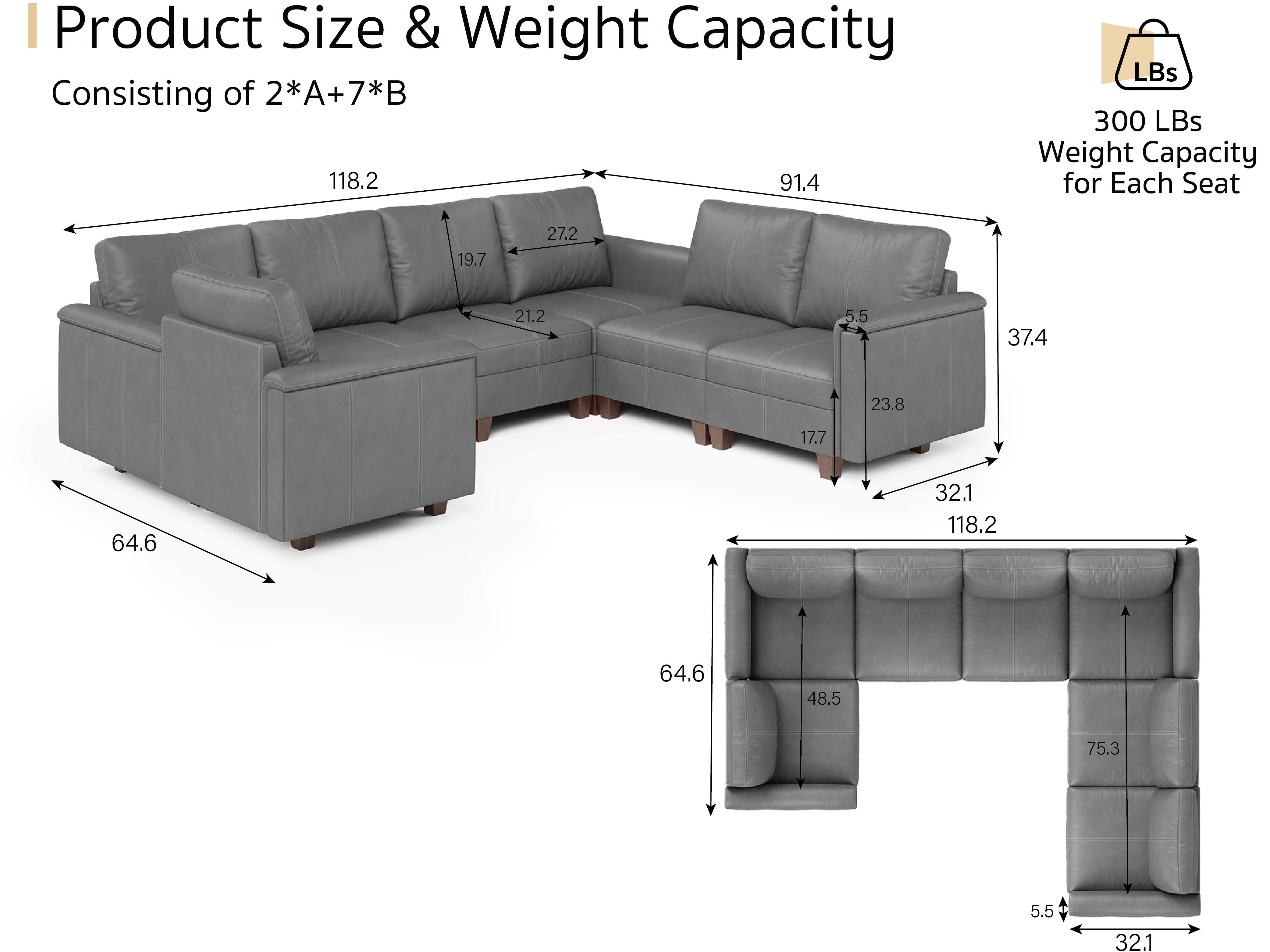 Nexus 7-Seat Leather Sectional Couch | Sleeper Sofa | SITJOY