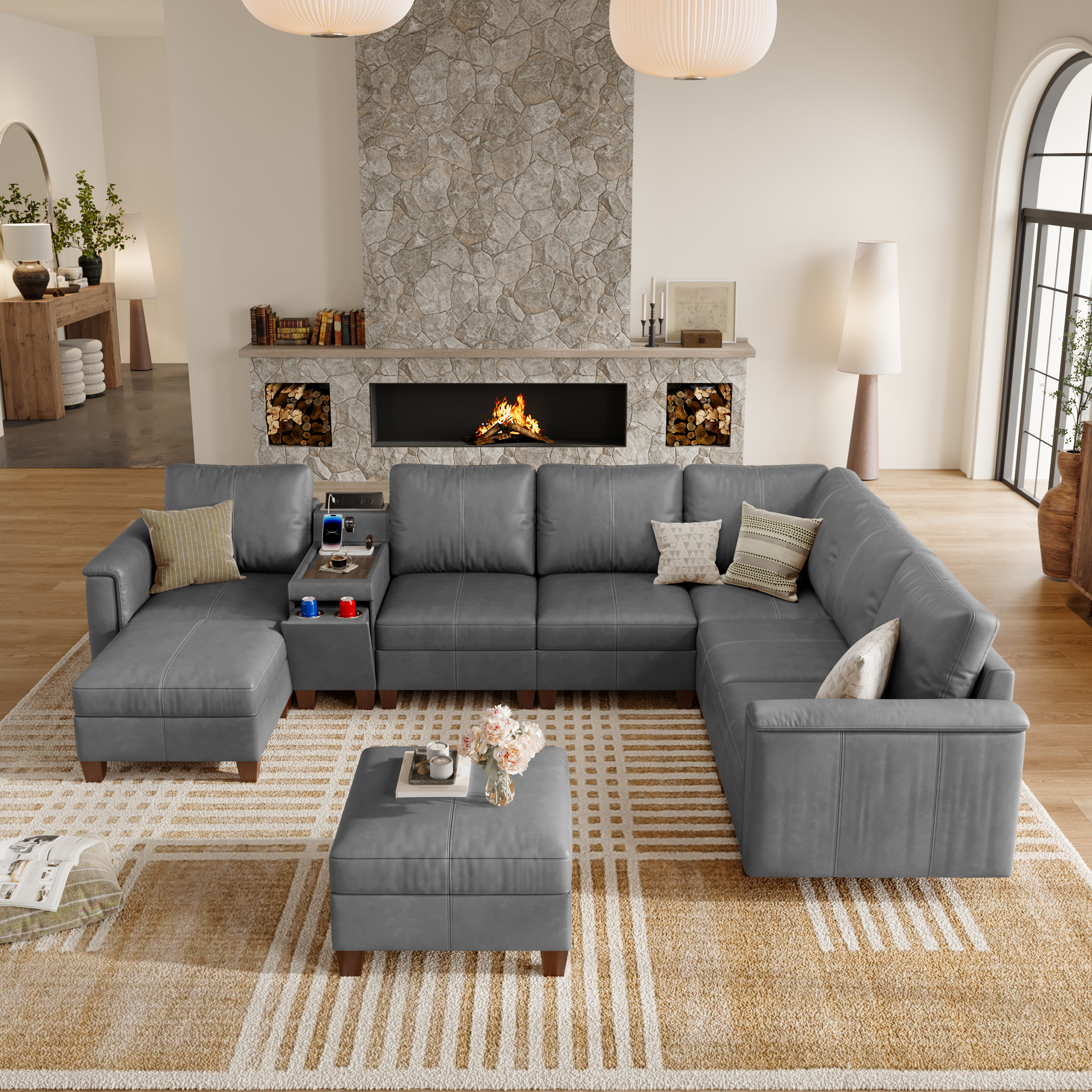 Nexus 8-Seat Faux Leather Modular Lounge Sofa with Ottoman