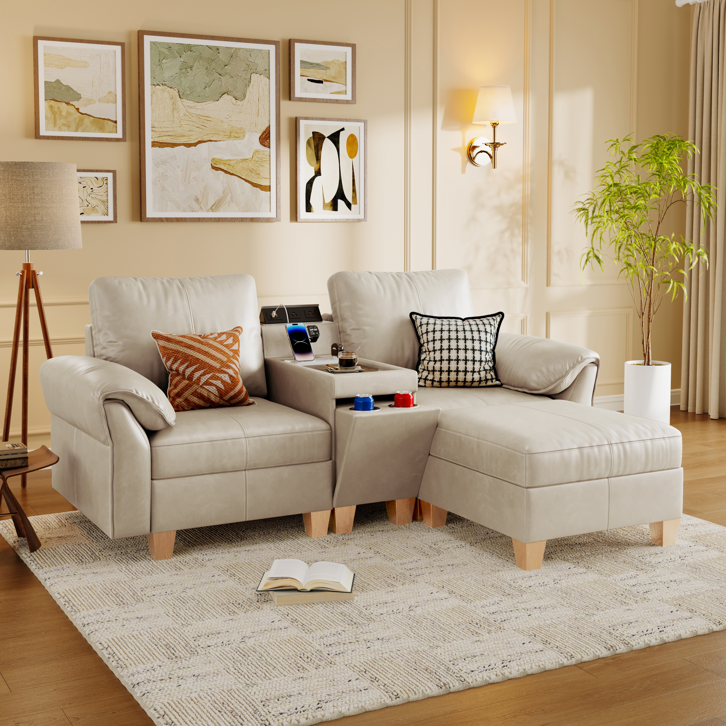 Nest Modular L-Shaped Sofa | WITHMovable Ottoman | SITJOY  with Storage Console Cup Holders Movable Ottoman Upholstered Couch for Living Room SITJOY