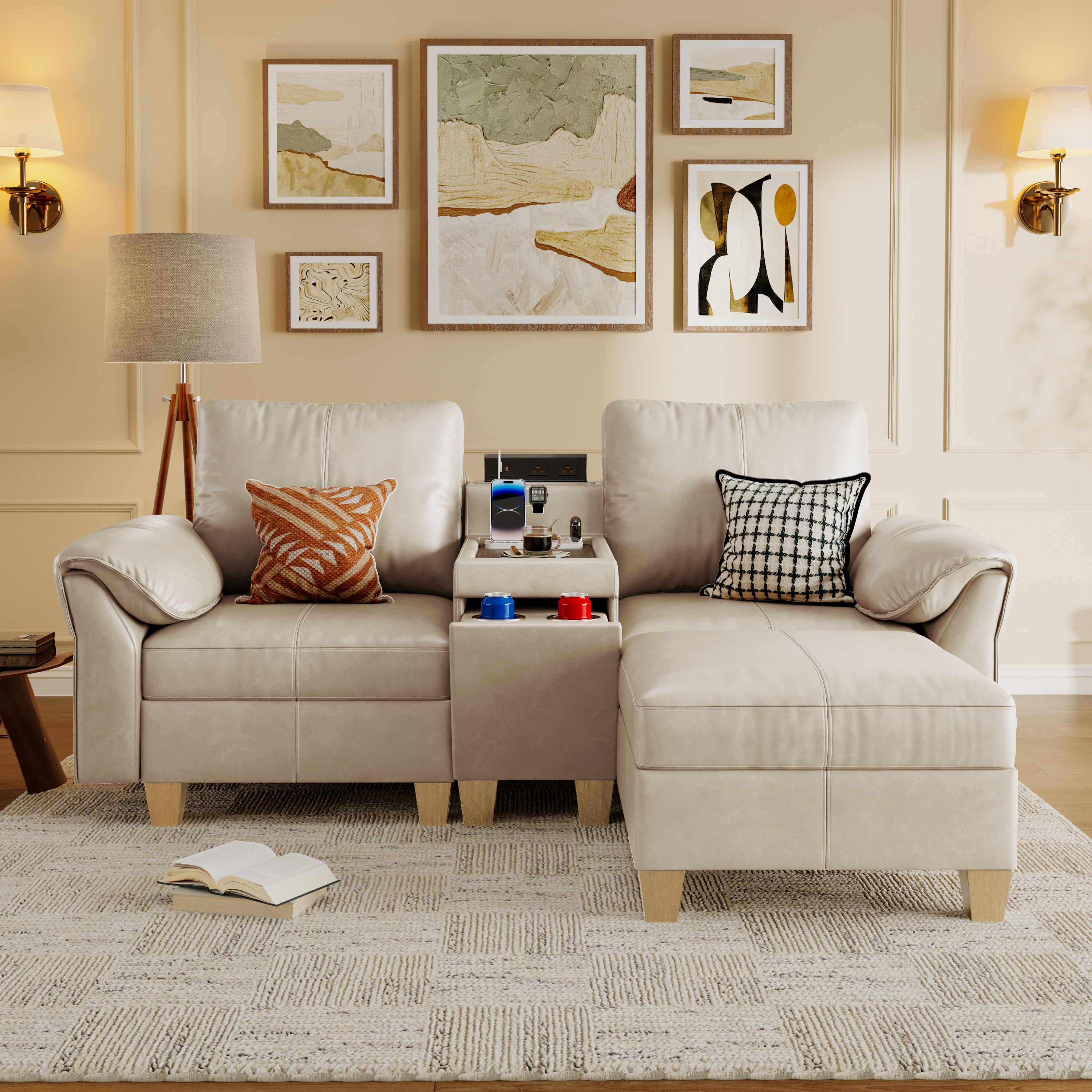 Nest Modular L-Shaped Sofa | WITHMovable Ottoman | SITJOY  with Storage Console Cup Holders Movable Ottoman Upholstered Couch for Living Room SITJOY