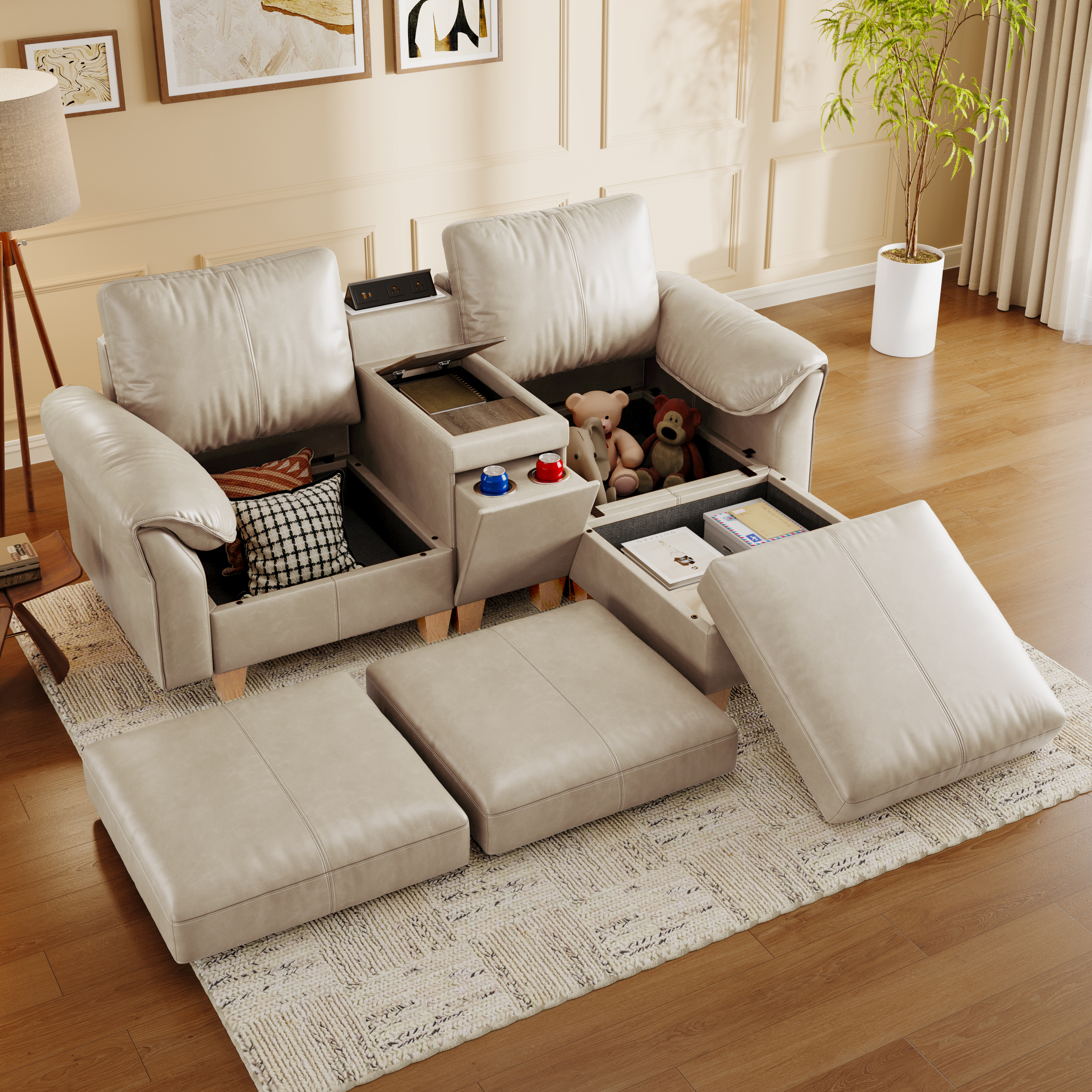 Nest Modular L-Shaped Sofa | WITHMovable Ottoman | SITJOY  with Storage Console Cup Holders Movable Ottoman Upholstered Couch for Living Room SITJOY