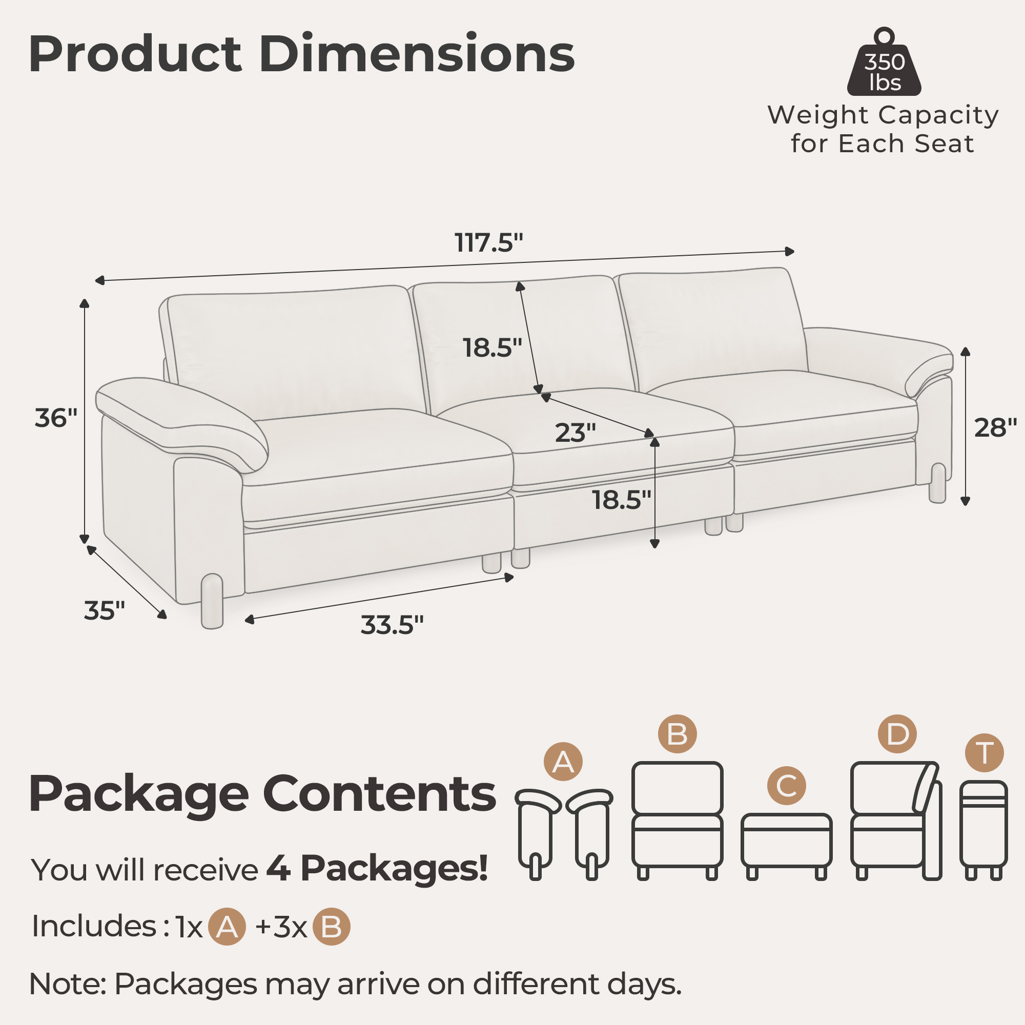 Vista 3-Seat Bench-Style Modular Sofa