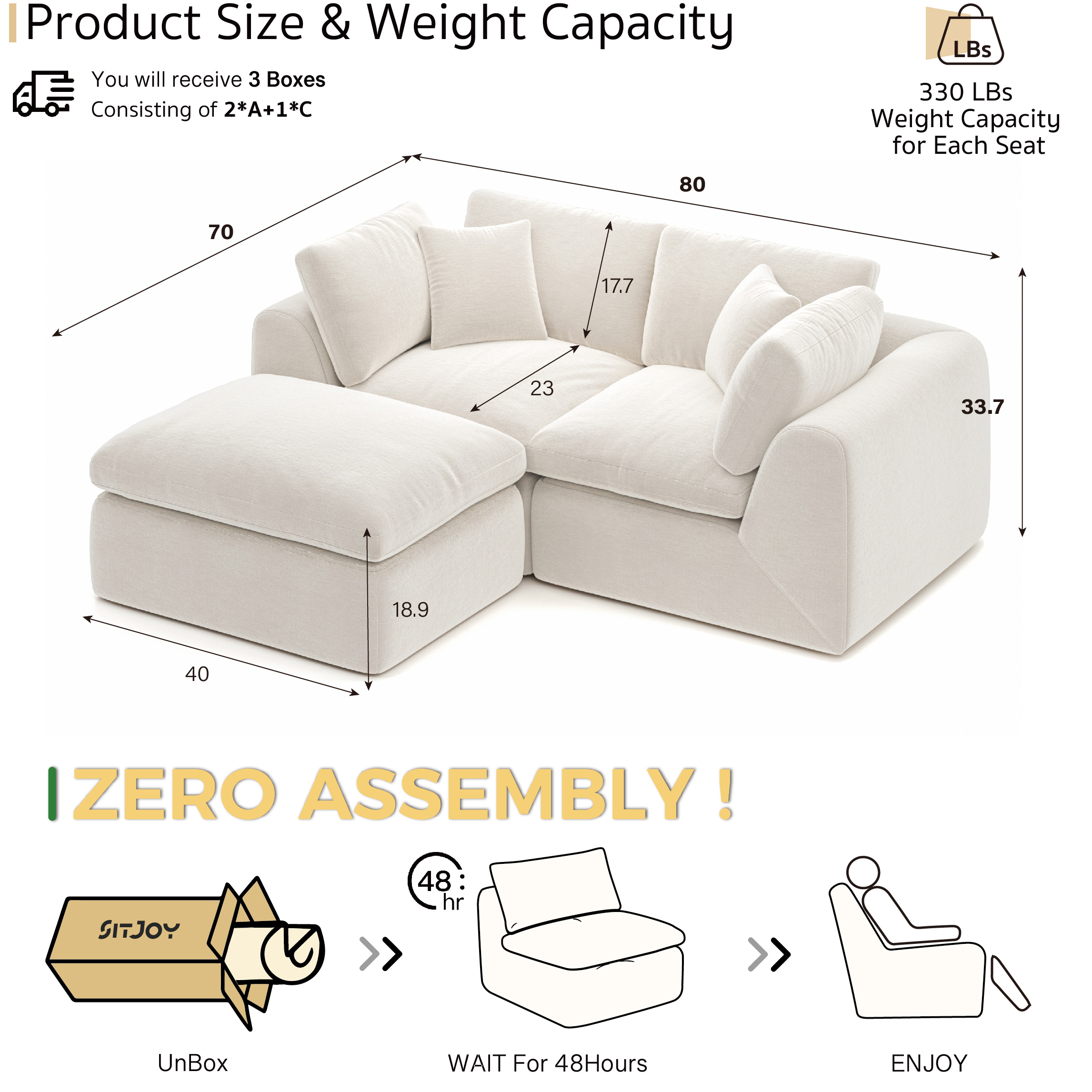 YS-01 Boneless Cloud Sectional Couch 2 Seats with 1 Ottoman