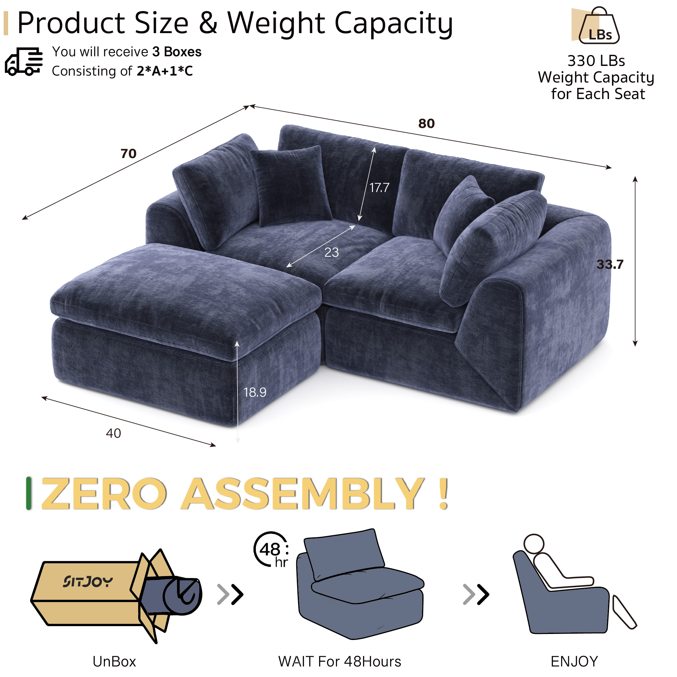 YS-01 Boneless Cloud Sectional Couch 2 Seats with 1 Ottoman