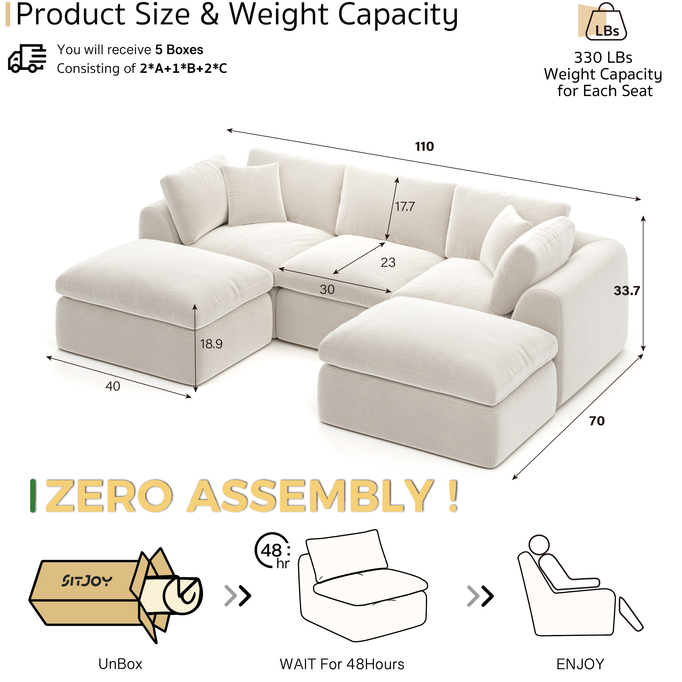 YS-01 Boneless Cloud Sectional Couch 3 Seats with 2 Ottomans
