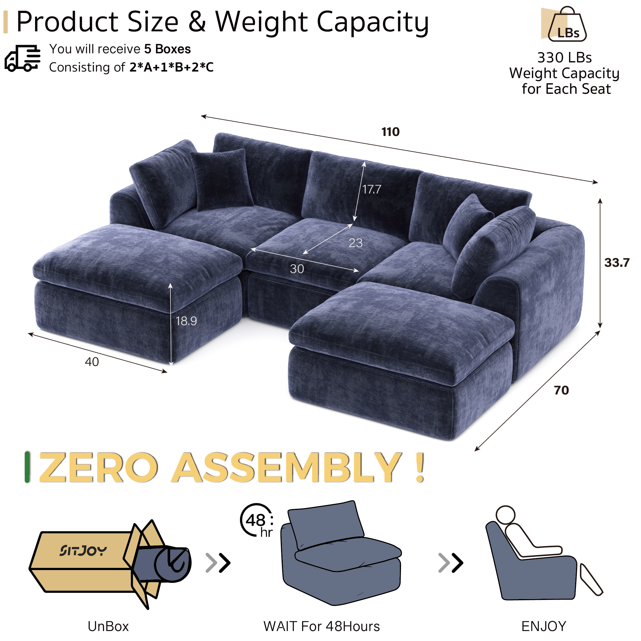 YS-01 Boneless Cloud Sectional Couch 3 Seats with 2 Ottomans
