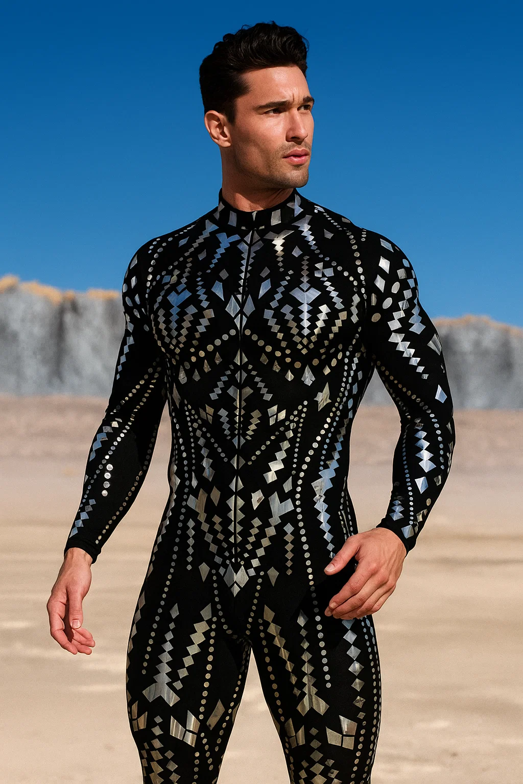 VIVIDHE Black Geometric Sequin Bodysuit VV524