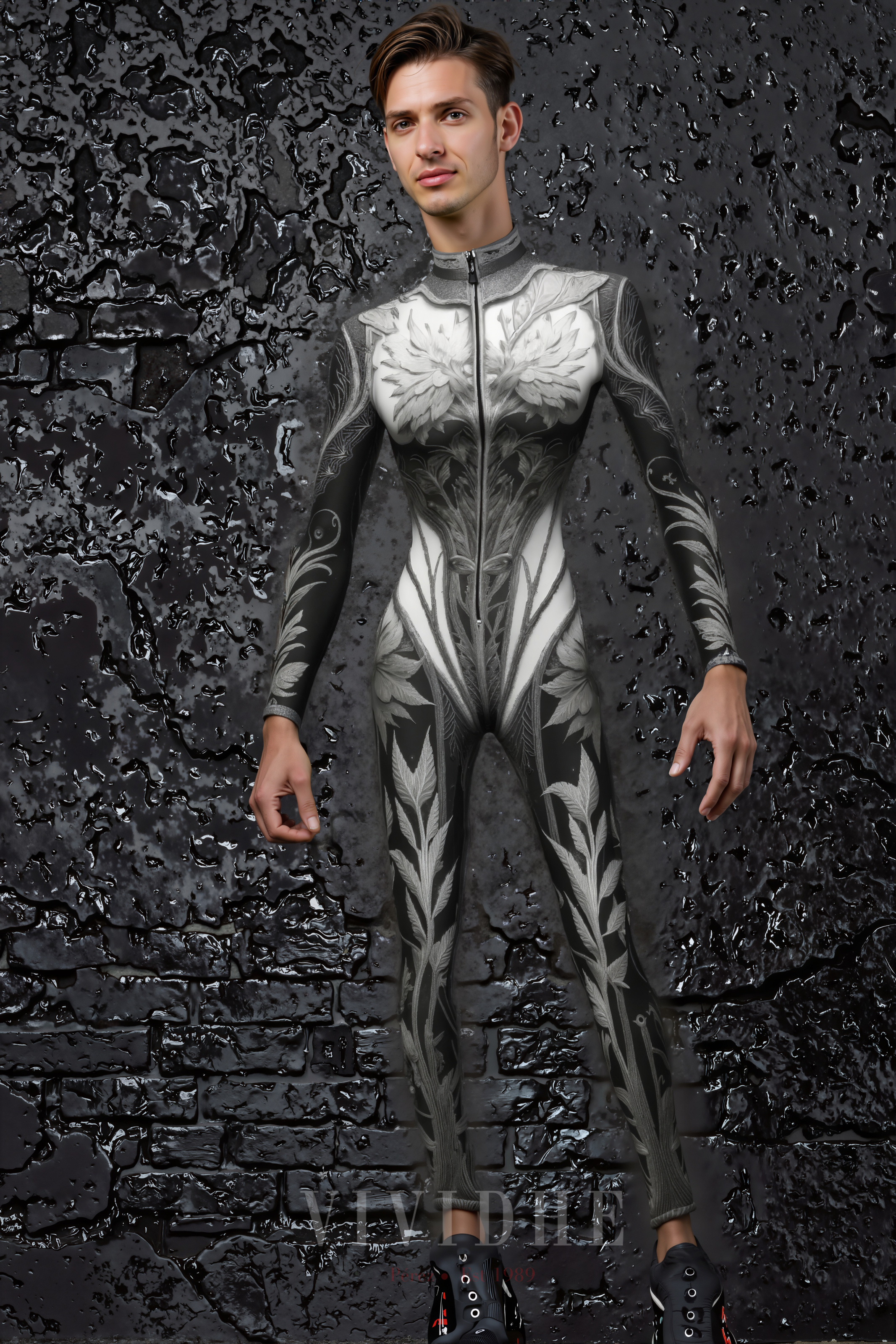 Black_White_Floral_Male_Costume_Men's_Tight - fitting_Wear_VIVIDHE