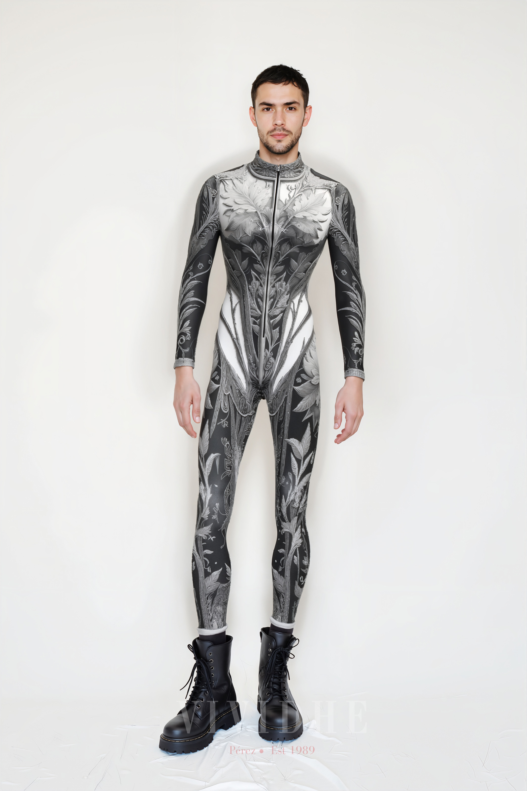 Black_White_Floral_Male_Costume_Men's_Tight - fitting_Wear_VIVIDHE