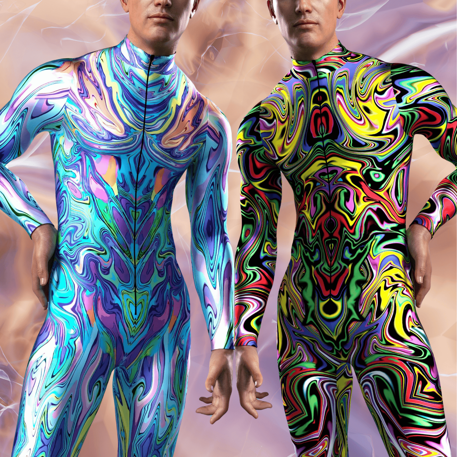 Psychedelic fluid bodysuit featuring bold, vibrant swirls of colorful abstract patterns, designed to fit all body types and perfect for festivals or casual wear.