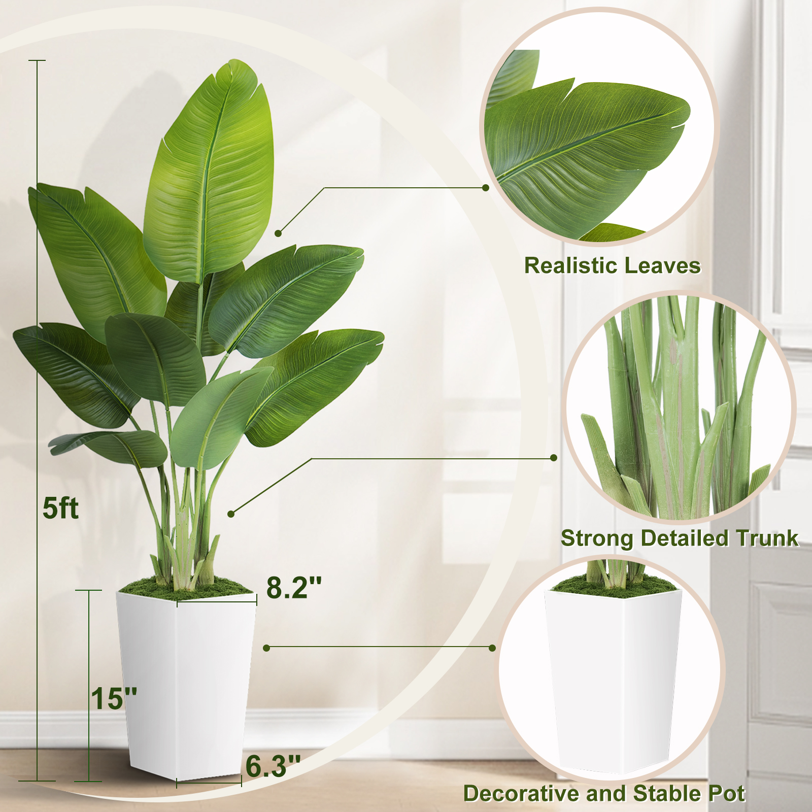 Keeplush Artificial  Faux Banana Leaf Tree with Tall Planter (5ft,6ft,7ft optional) 