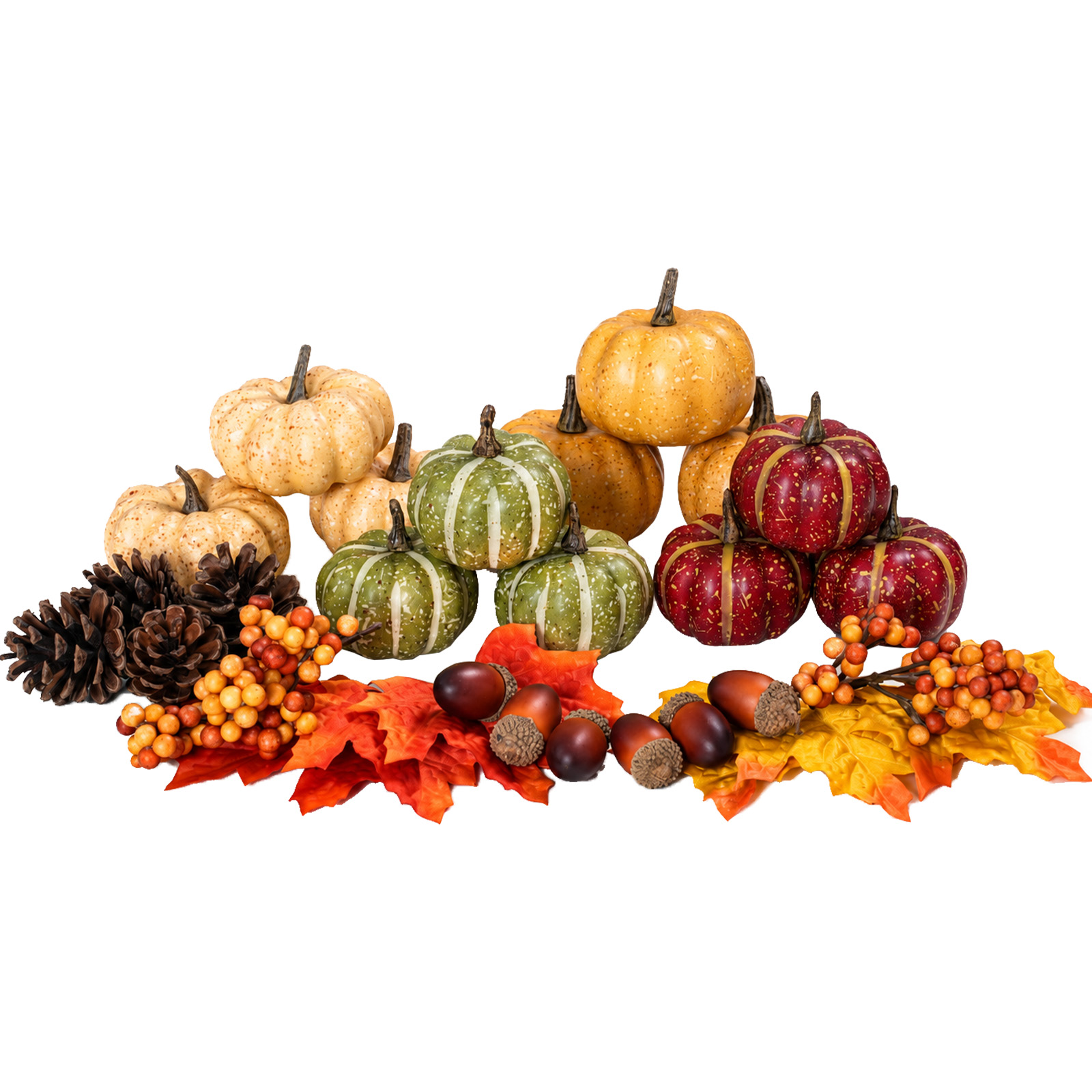 Keeplush 30Pcs Artificial Pumpkins Set, Assorted Fall Fake Pumpkins Acorns Pine Cones Berries Maple Leaves, Fall Decor for Halloween Thanksgiving Home Mantel Tabletop