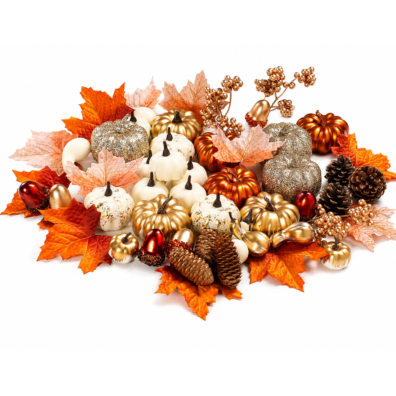 Keeplush 52 Pcs Fall Pumpkins Decor Set, Luxury Handmade Gold Silver White Artificial Pumpkins with Maple Leaves & Pine Cones, Fall Decor for Halloween Thanksgiving Home Mantel Tabletop