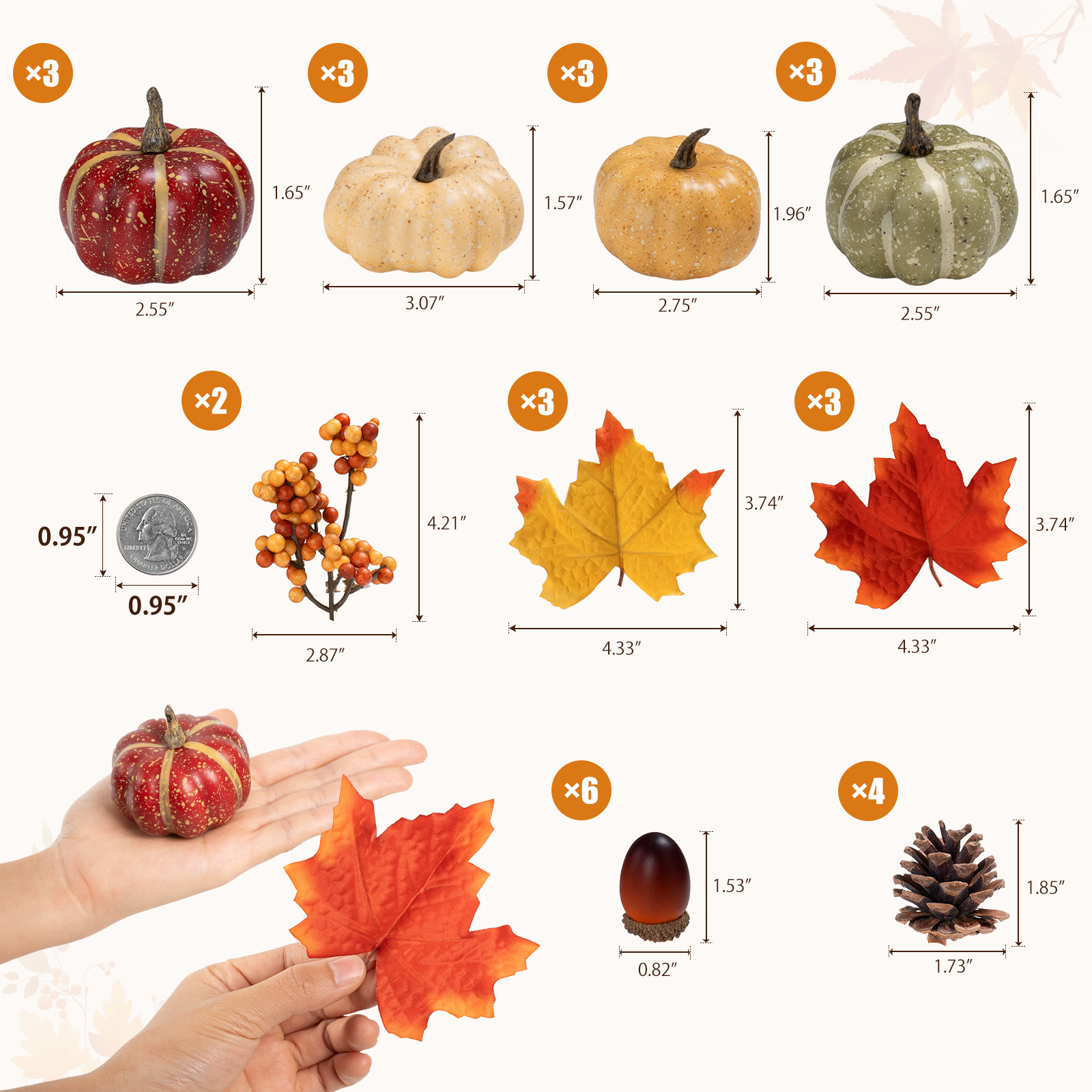 Keeplush 30Pcs Artificial Pumpkins Set, Assorted Fall Fake Pumpkins Acorns Pine Cones Berries Maple Leaves, Fall Decor for Halloween Thanksgiving Home Mantel Tabletop