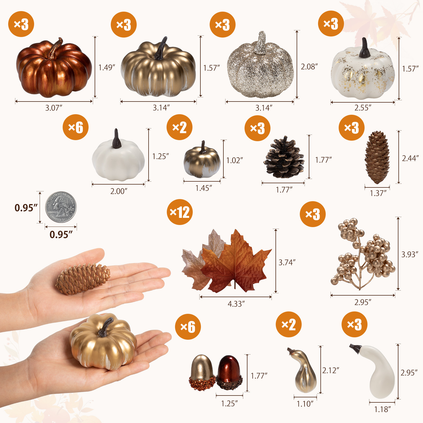 Keeplush 52 Pcs Fall Pumpkins Decor Set, Luxury Handmade Gold Silver White Artificial Pumpkins with Maple Leaves & Pine Cones, Fall Decor for Halloween Thanksgiving Home Mantel Tabletop