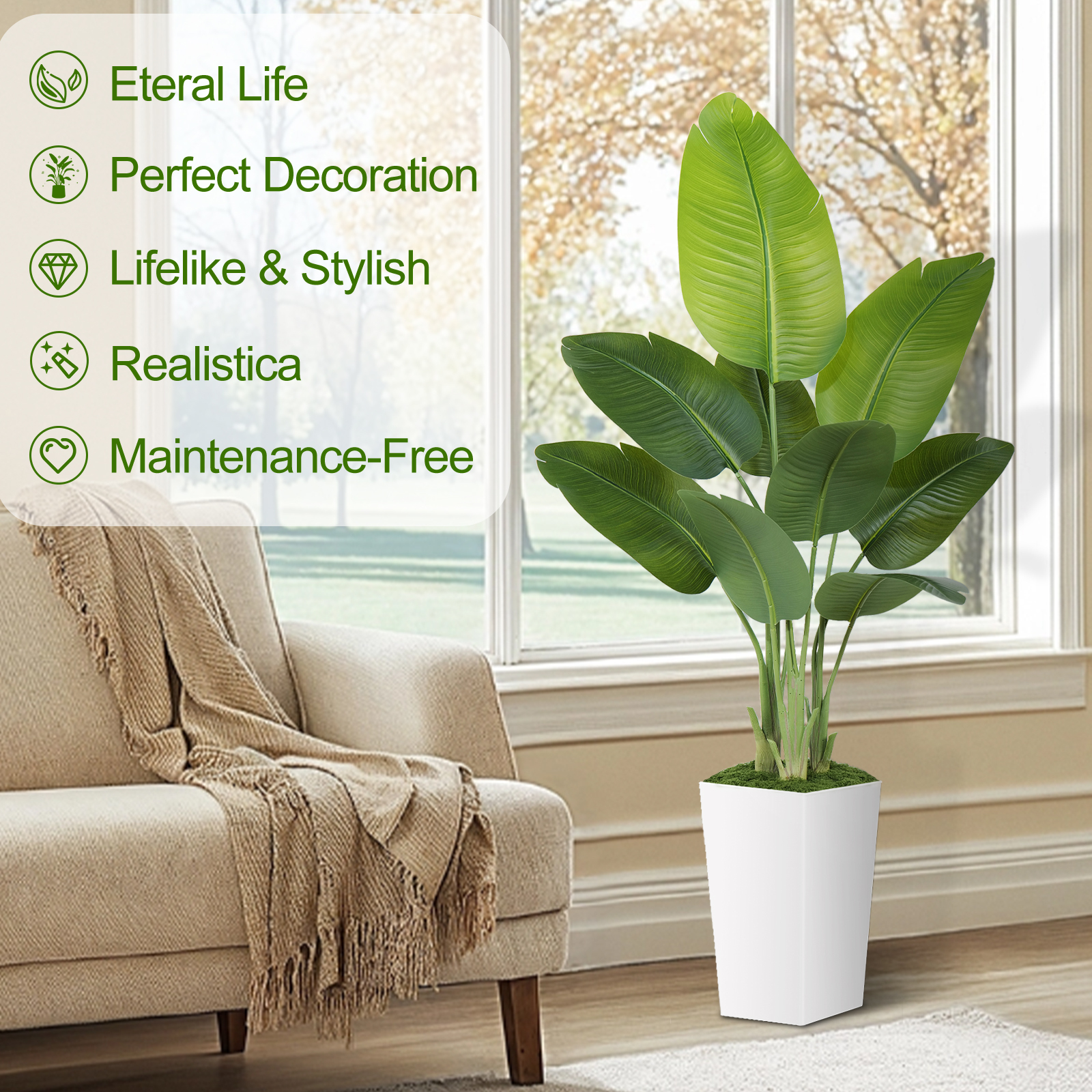 Keeplush Artificial  Faux Banana Leaf Tree with Tall Planter (5ft,6ft,7ft optional) 