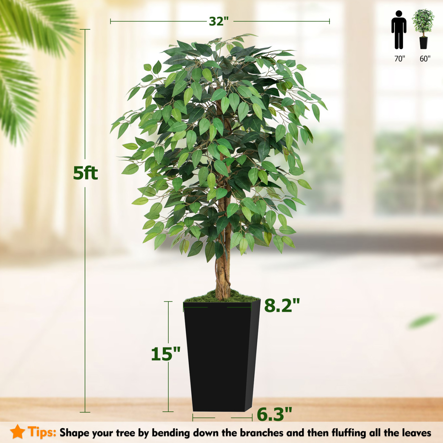 Keeplush Ficus Artificial Tree,Tall Lush Faux TreeKeeplush Artificial  Faux Banana Leaf Tree with Tall Planter (4ft,5ft,6ft,7ft optional White & Black) 