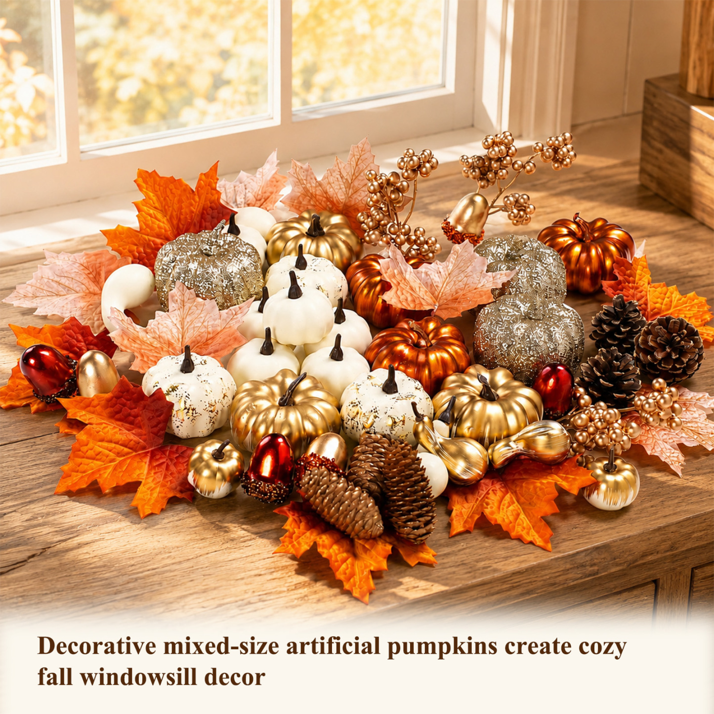 Keeplush 52 Pcs Fall Pumpkins Decor Set, Luxury Handmade Gold Silver White Artificial Pumpkins with Maple Leaves & Pine Cones, Fall Decor for Halloween Thanksgiving Home Mantel Tabletop