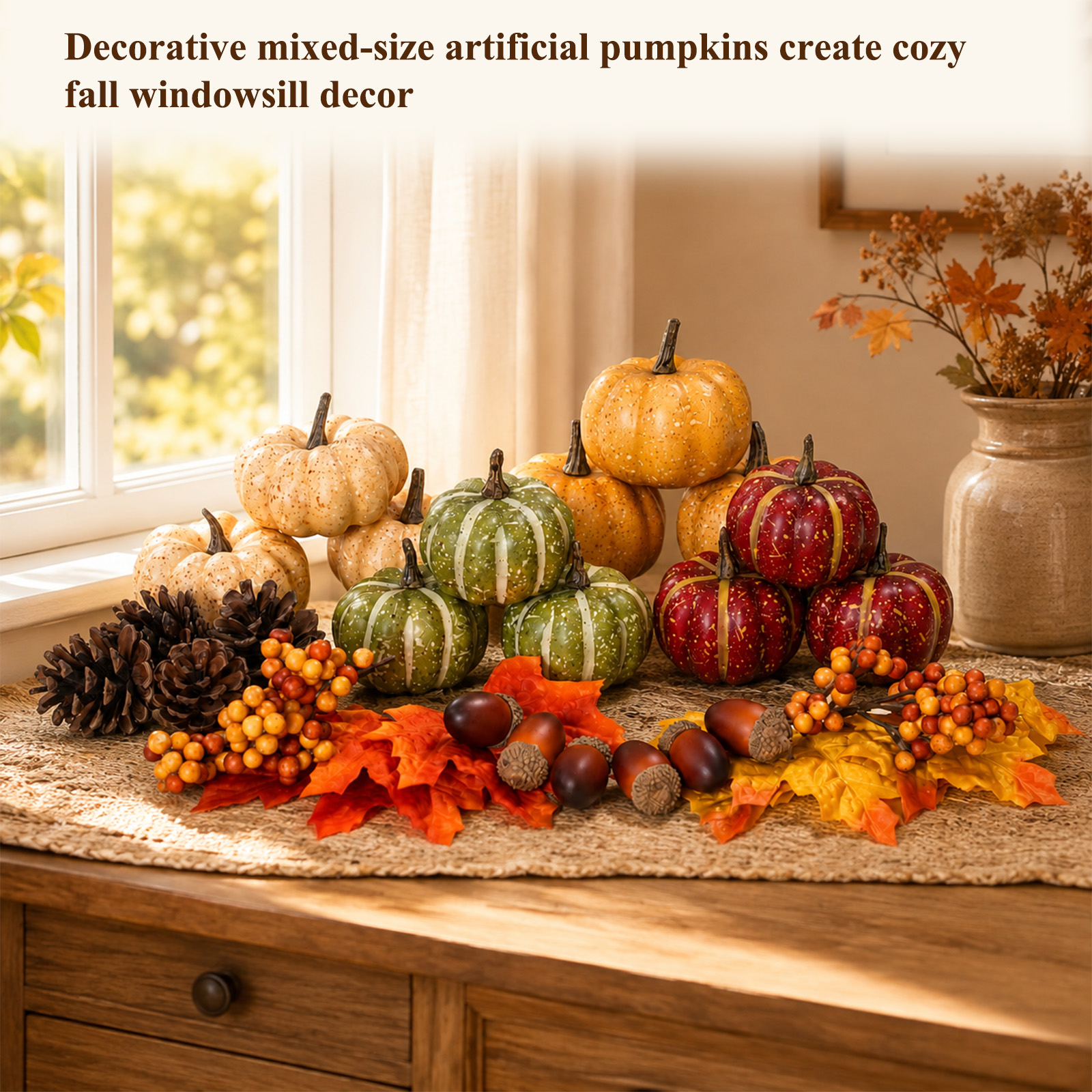 Keeplush 30Pcs Artificial Pumpkins Set, Assorted Fall Fake Pumpkins Acorns Pine Cones Berries Maple Leaves, Fall Decor for Halloween Thanksgiving Home Mantel Tabletop