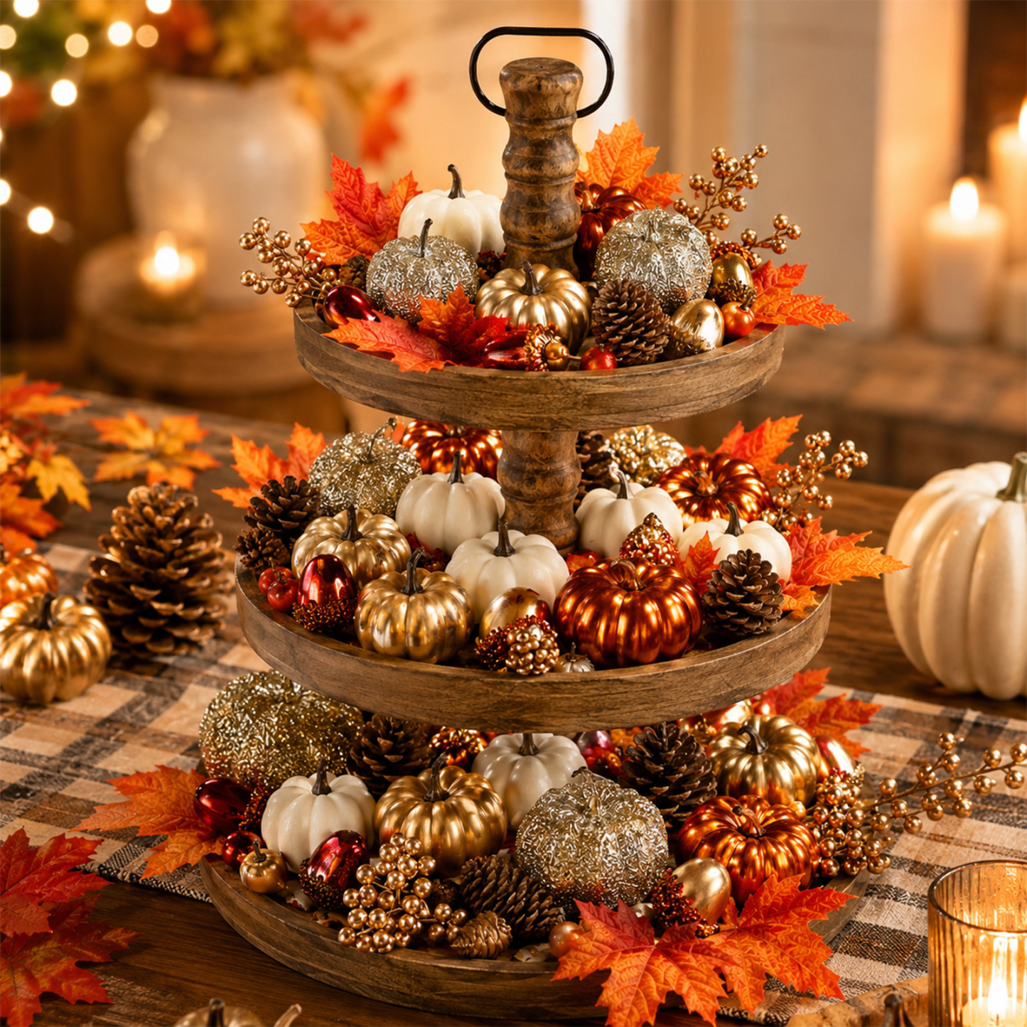 Keeplush 52 Pcs Fall Pumpkins Decor Set, Luxury Handmade Gold Silver White Artificial Pumpkins with Maple Leaves & Pine Cones, Fall Decor for Halloween Thanksgiving Home Mantel Tabletop