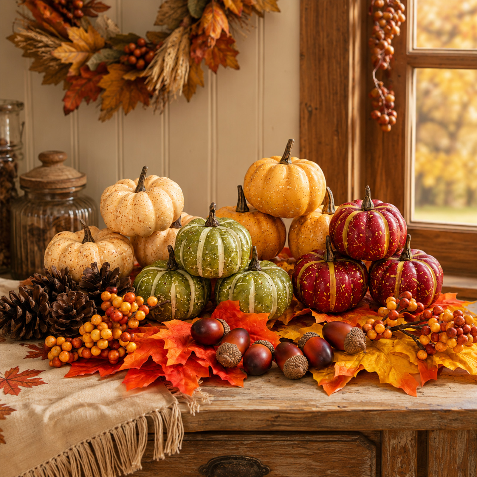 Keeplush 30Pcs Artificial Pumpkins Set, Assorted Fall Fake Pumpkins Acorns Pine Cones Berries Maple Leaves, Fall Decor for Halloween Thanksgiving Home Mantel Tabletop