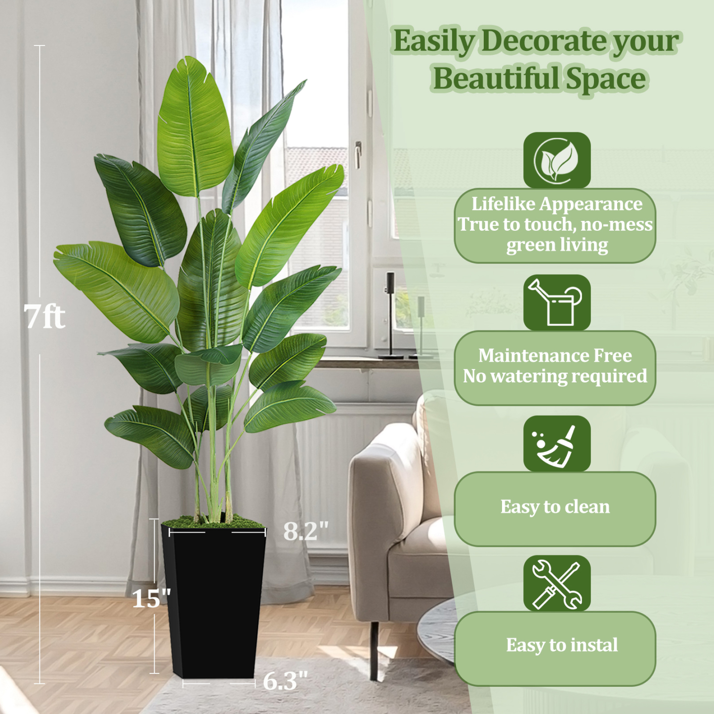 Keeplush Artificial  Faux Banana Leaf Tree with Tall Planter (5ft,6ft,7ft optional) 