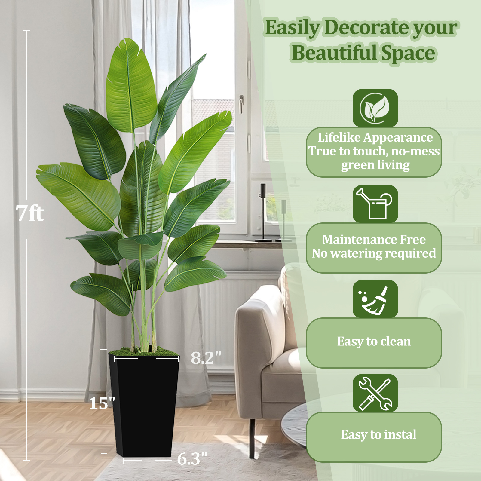 Keeplush Artificial  Faux Banana Leaf Tree with Tall Planter (5ft,6ft,7ft optional) 
