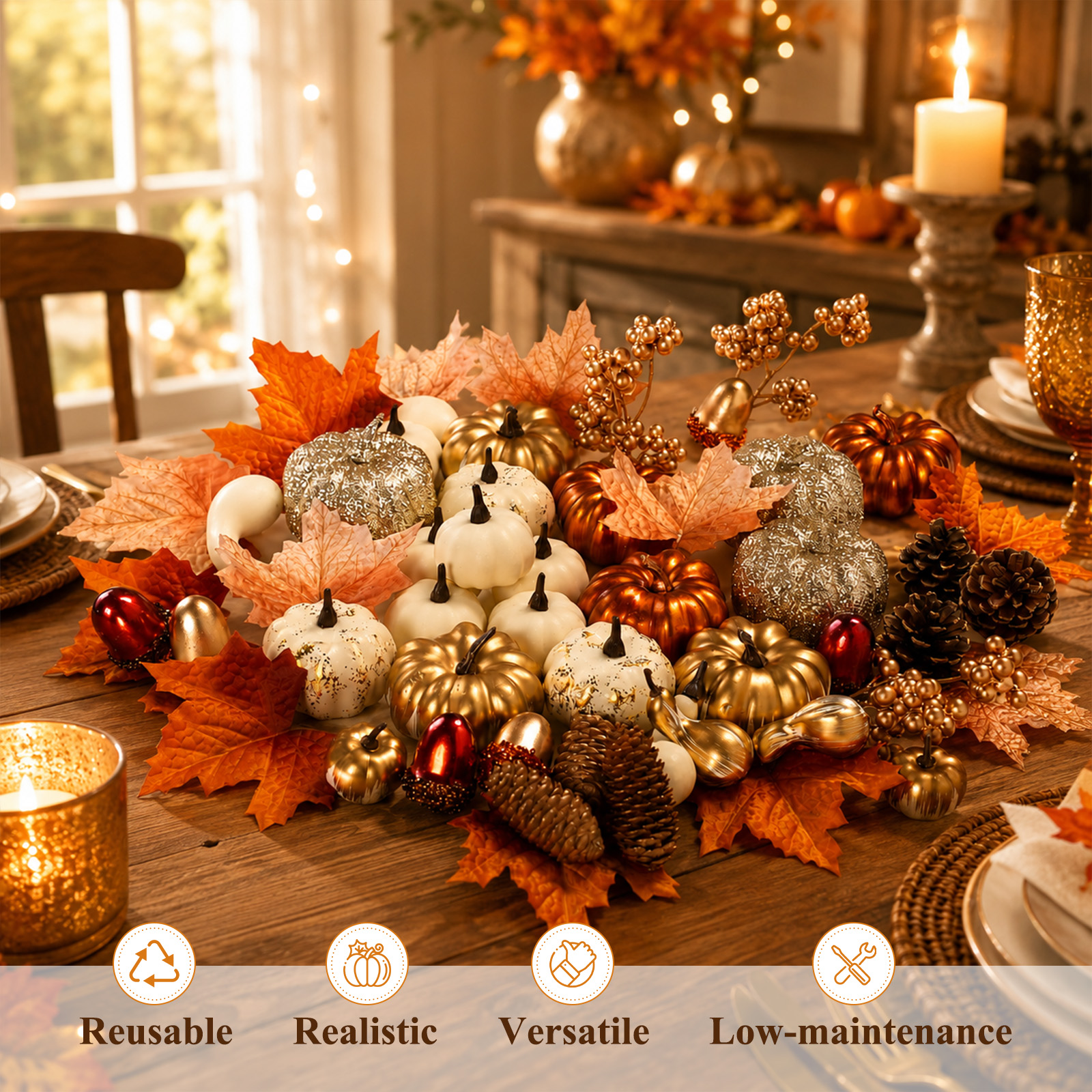 Keeplush 52 Pcs Fall Pumpkins Decor Set, Luxury Handmade Gold Silver White Artificial Pumpkins with Maple Leaves & Pine Cones, Fall Decor for Halloween Thanksgiving Home Mantel Tabletop