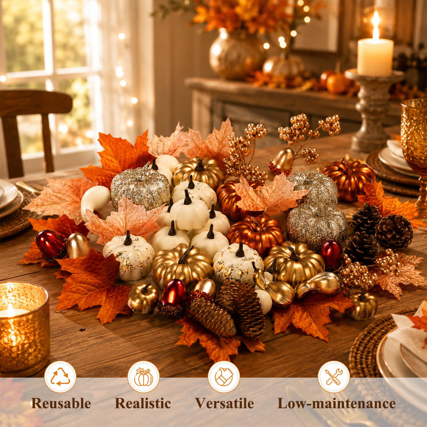 Keeplush 52 Pcs Fall Pumpkins Decor Set, Luxury Handmade Gold Silver White Artificial Pumpkins with Maple Leaves & Pine Cones, Fall Decor for Halloween Thanksgiving Home Mantel Tabletop