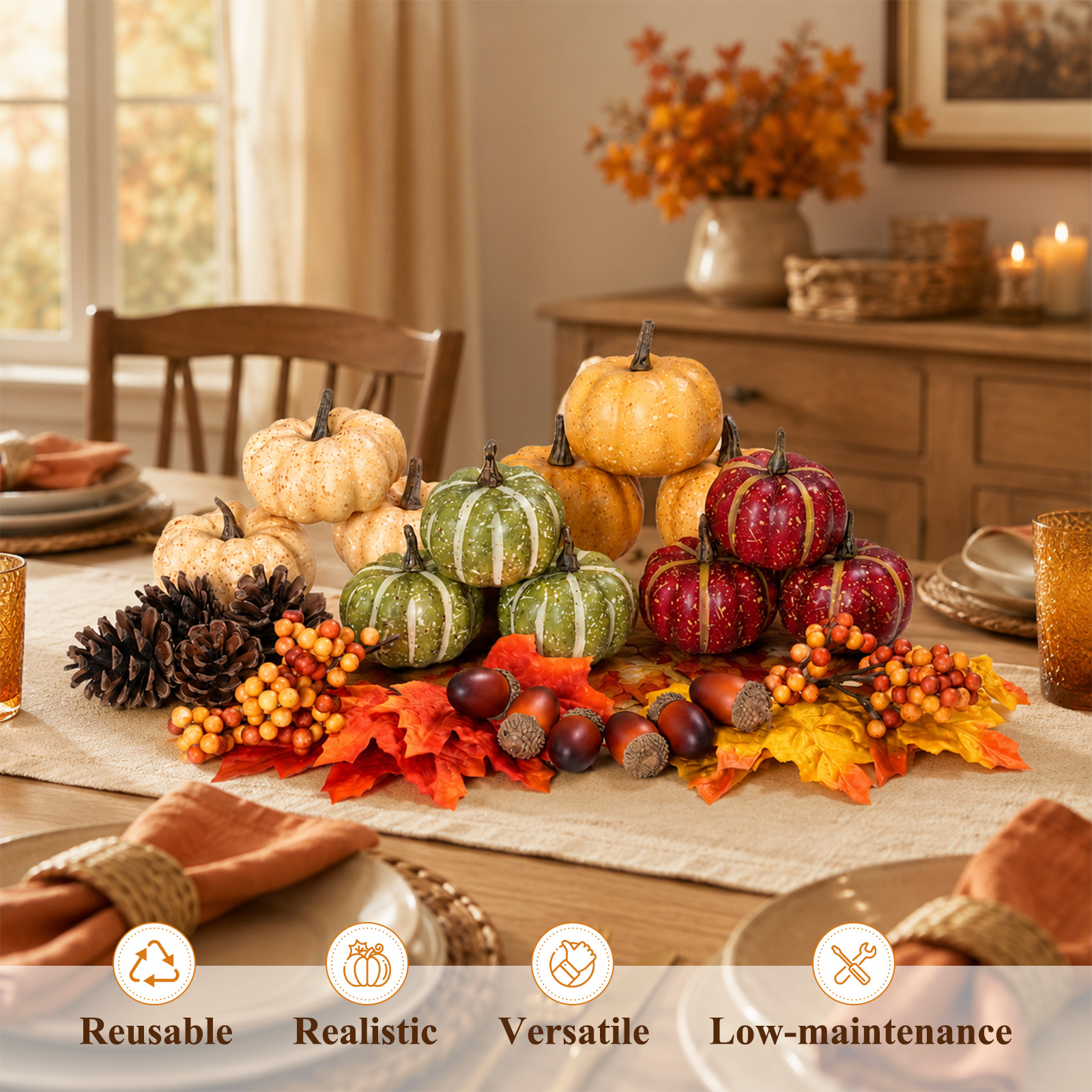 Keeplush 30Pcs Artificial Pumpkins Set, Assorted Fall Fake Pumpkins Acorns Pine Cones Berries Maple Leaves, Fall Decor for Halloween Thanksgiving Home Mantel Tabletop