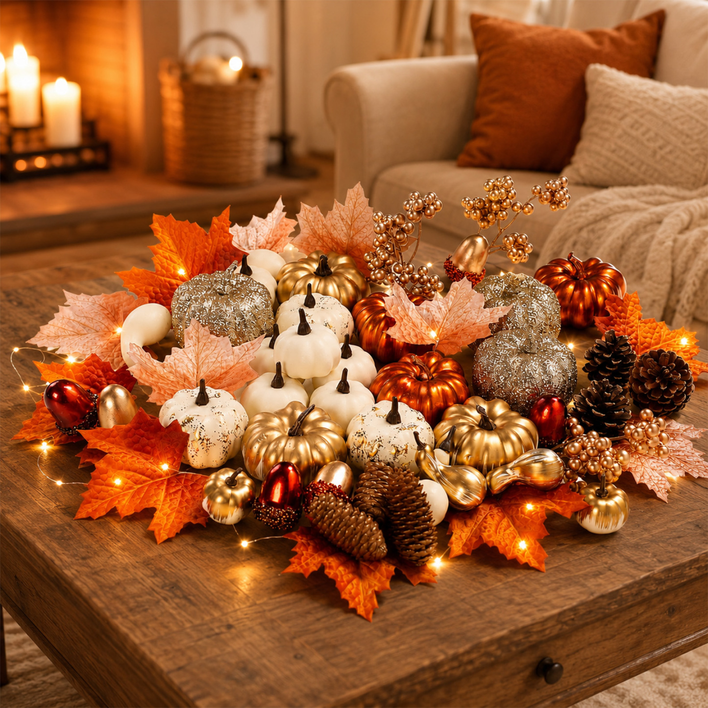 Keeplush 52 Pcs Fall Pumpkins Decor Set, Luxury Handmade Gold Silver White Artificial Pumpkins with Maple Leaves & Pine Cones, Fall Decor for Halloween Thanksgiving Home Mantel Tabletop