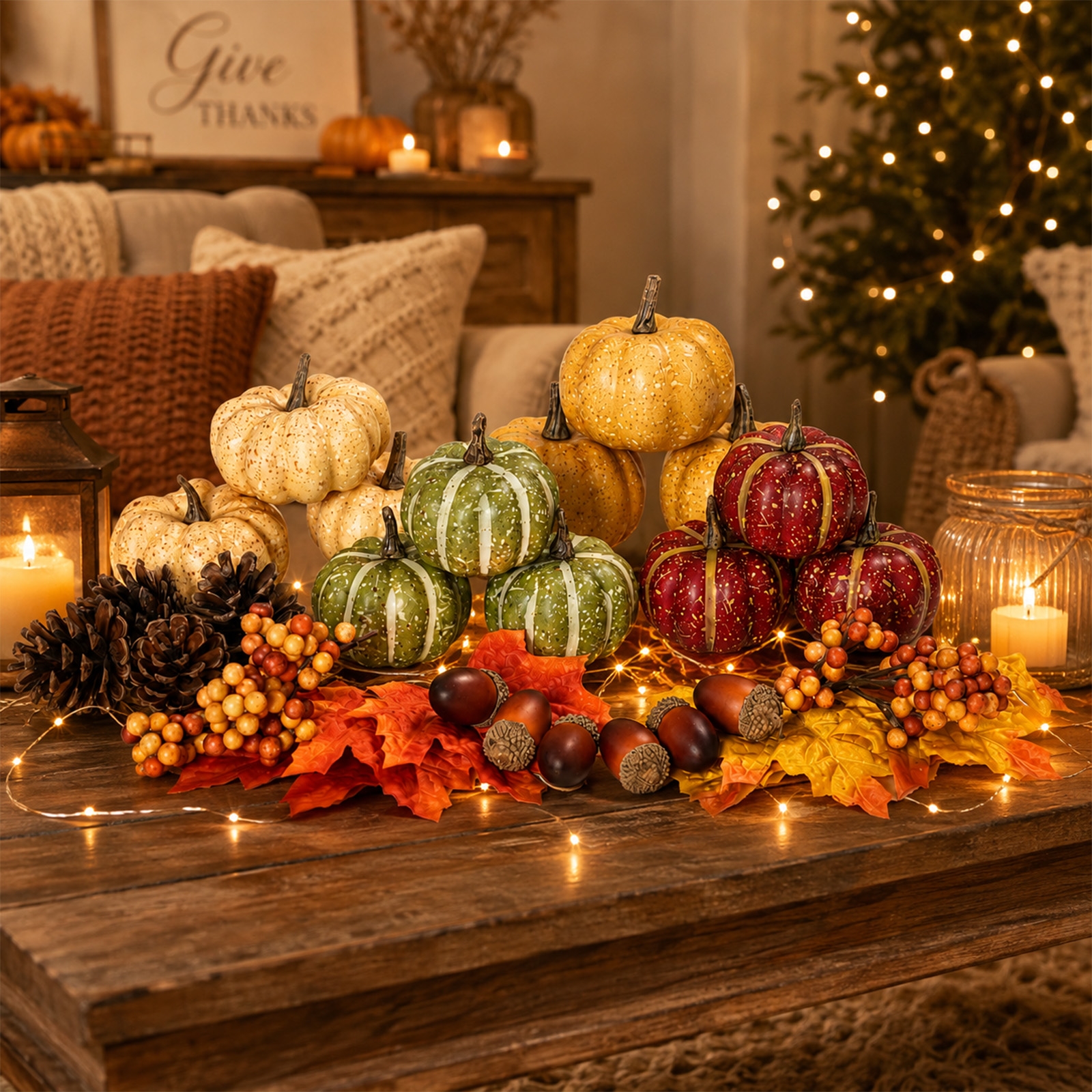 Keeplush 30Pcs Artificial Pumpkins Set, Assorted Fall Fake Pumpkins Acorns Pine Cones Berries Maple Leaves, Fall Decor for Halloween Thanksgiving Home Mantel Tabletop
