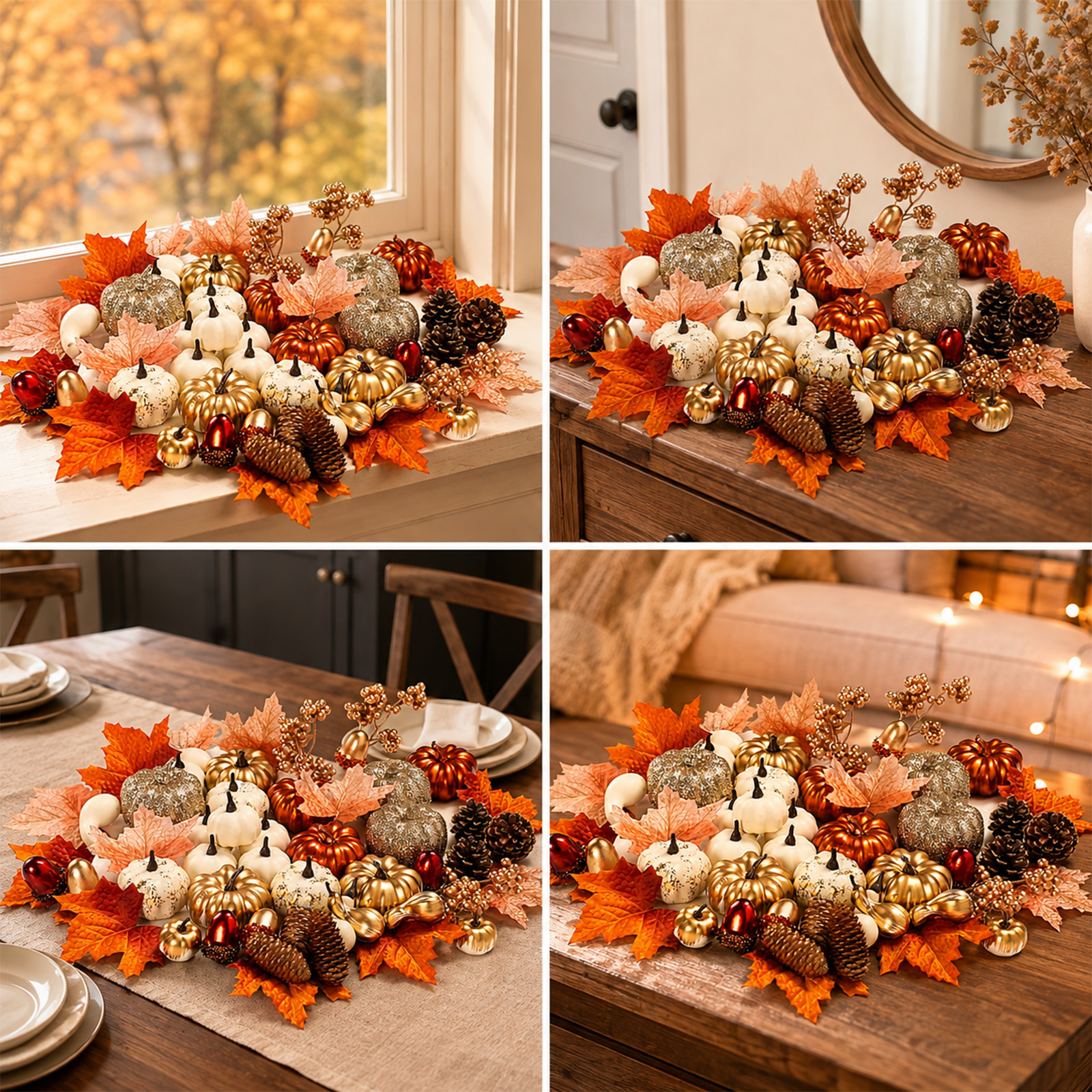 Keeplush 52 Pcs Fall Pumpkins Decor Set, Luxury Handmade Gold Silver White Artificial Pumpkins with Maple Leaves & Pine Cones, Fall Decor for Halloween Thanksgiving Home Mantel Tabletop