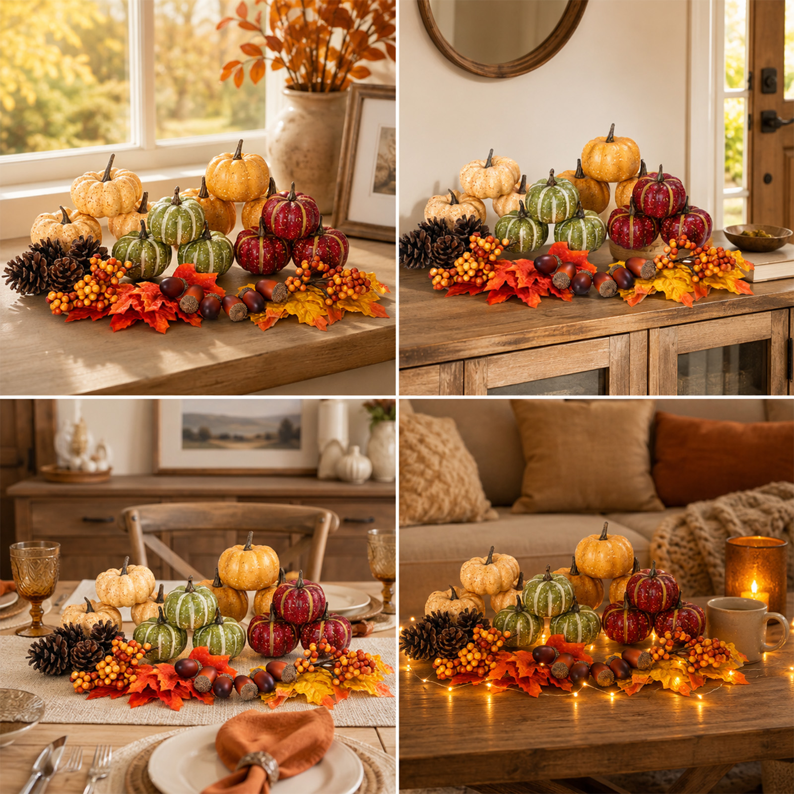Keeplush 30Pcs Artificial Pumpkins Set, Assorted Fall Fake Pumpkins Acorns Pine Cones Berries Maple Leaves, Fall Decor for Halloween Thanksgiving Home Mantel Tabletop