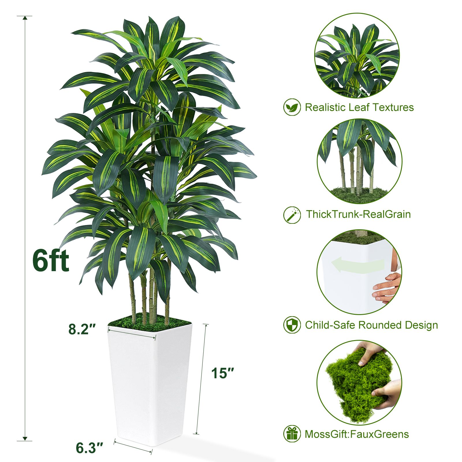 Keeplush Artificial Dracaena Tree - High-Density Foliage Fake Plant with Tall Planter (5ft,6ft,7ft optional White & Black) 
