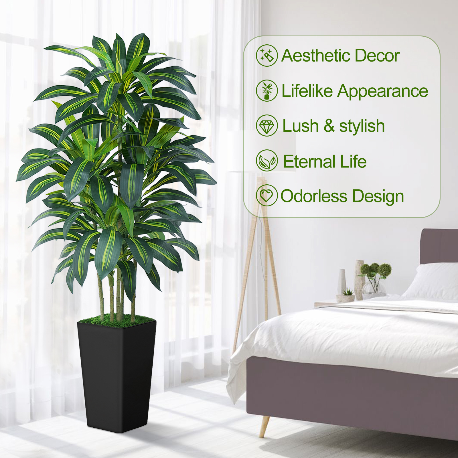 Keeplush Artificial Dracaena Tree - High-Density Foliage Fake Plant with Tall Planter (5ft,6ft,7ft optional White & Black) 