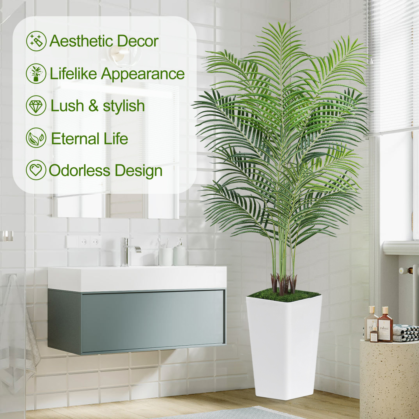 Keeplush Artificial Palm Tree with Planter – Tall Fake Tropical Areca Palm Tree (5ft,6ft,7ft optional White & Black) 