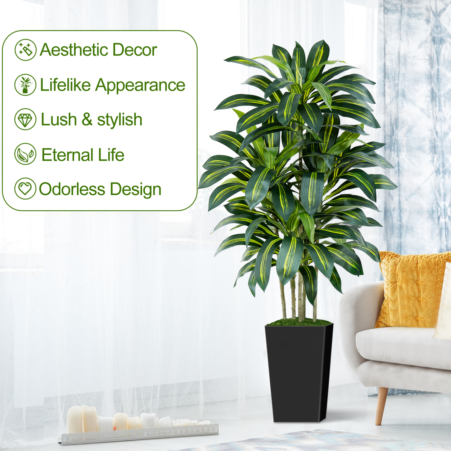 Keeplush Artificial Dracaena Tree - High-Density Foliage Fake Plant with Tall Planter (5ft,6ft,7ft optional White & Black) 