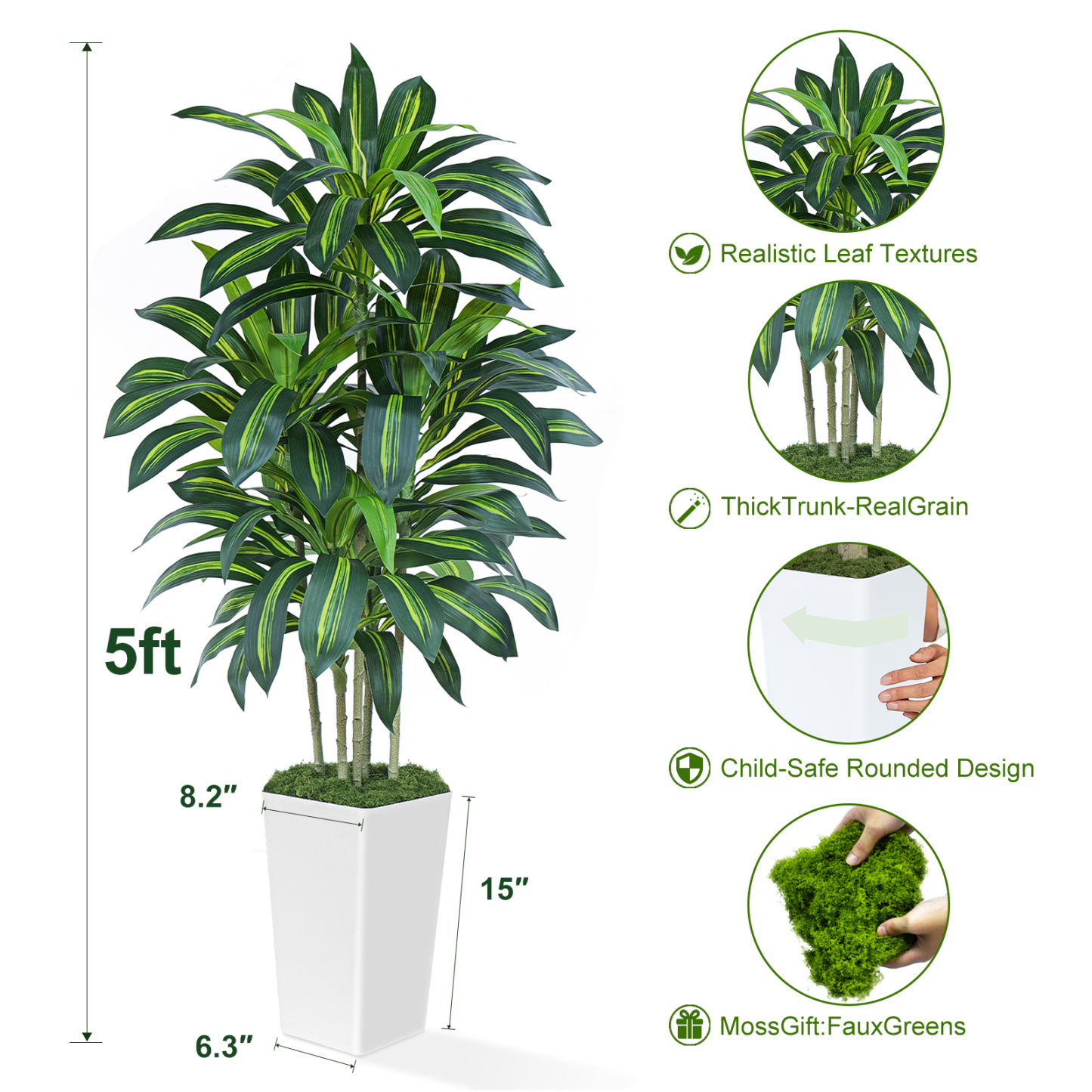 Keeplush Artificial Dracaena Tree - High-Density Foliage Fake Plant with Tall Planter (5ft,6ft,7ft optional White & Black) 