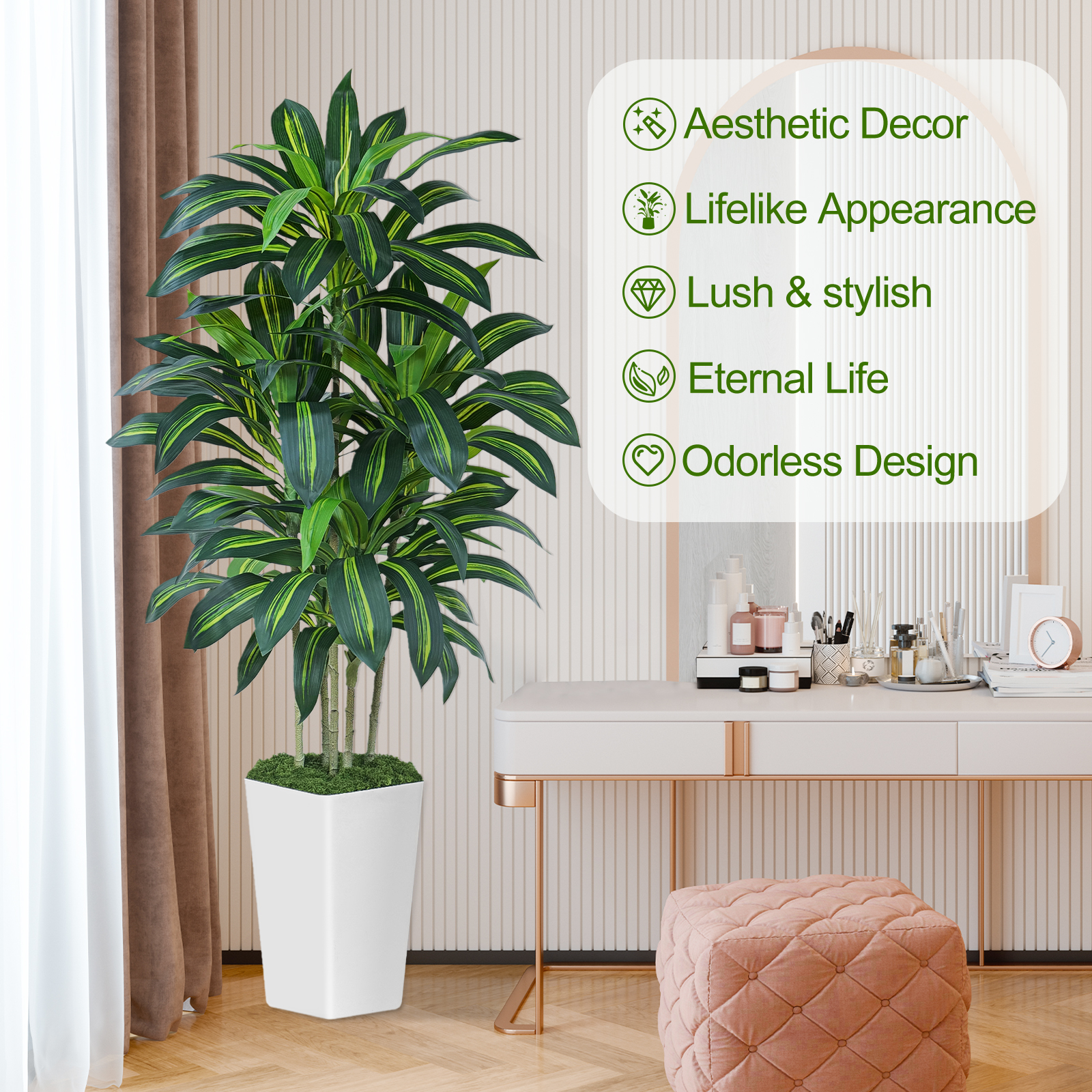 Keeplush Artificial Dracaena Tree - High-Density Foliage Fake Plant with Tall Planter (5ft,6ft,7ft optional White & Black) 